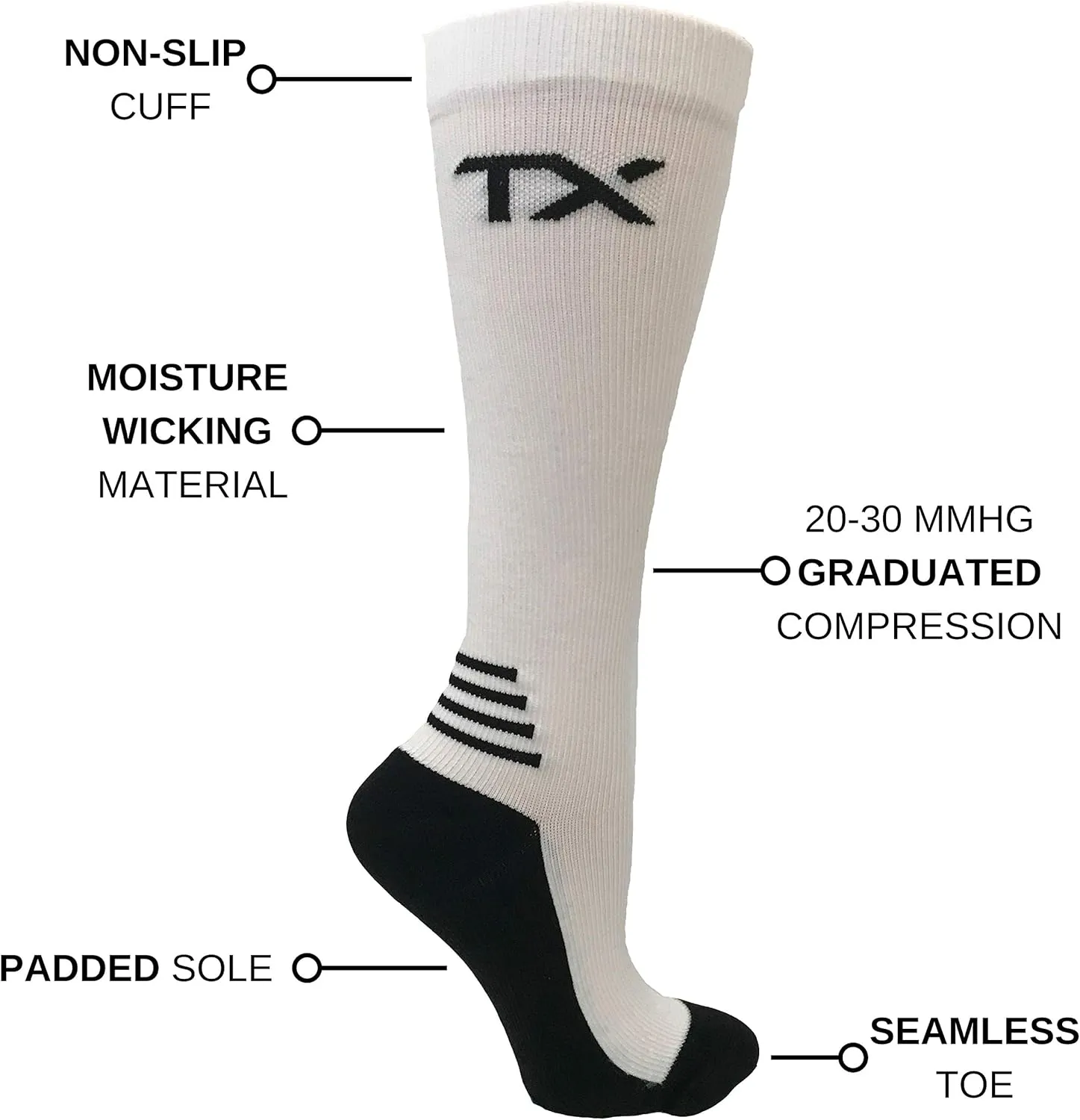 TX Compression Socks 20-30 mmHg Graduated Support – Moisture Wicking Material
