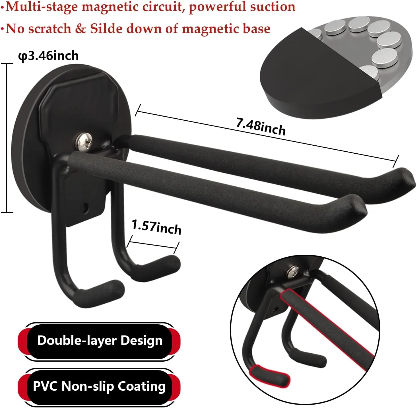ULIBERMAGNET Double Layer Magnetic Hooks,Heavy Duty Magnetic Storage Hooks for Garden Tools,Shovel,Rope,Cable,Hose,Power Tool Organizer for Garages,Gardens,Workshop (2PACK/3.46INCH)