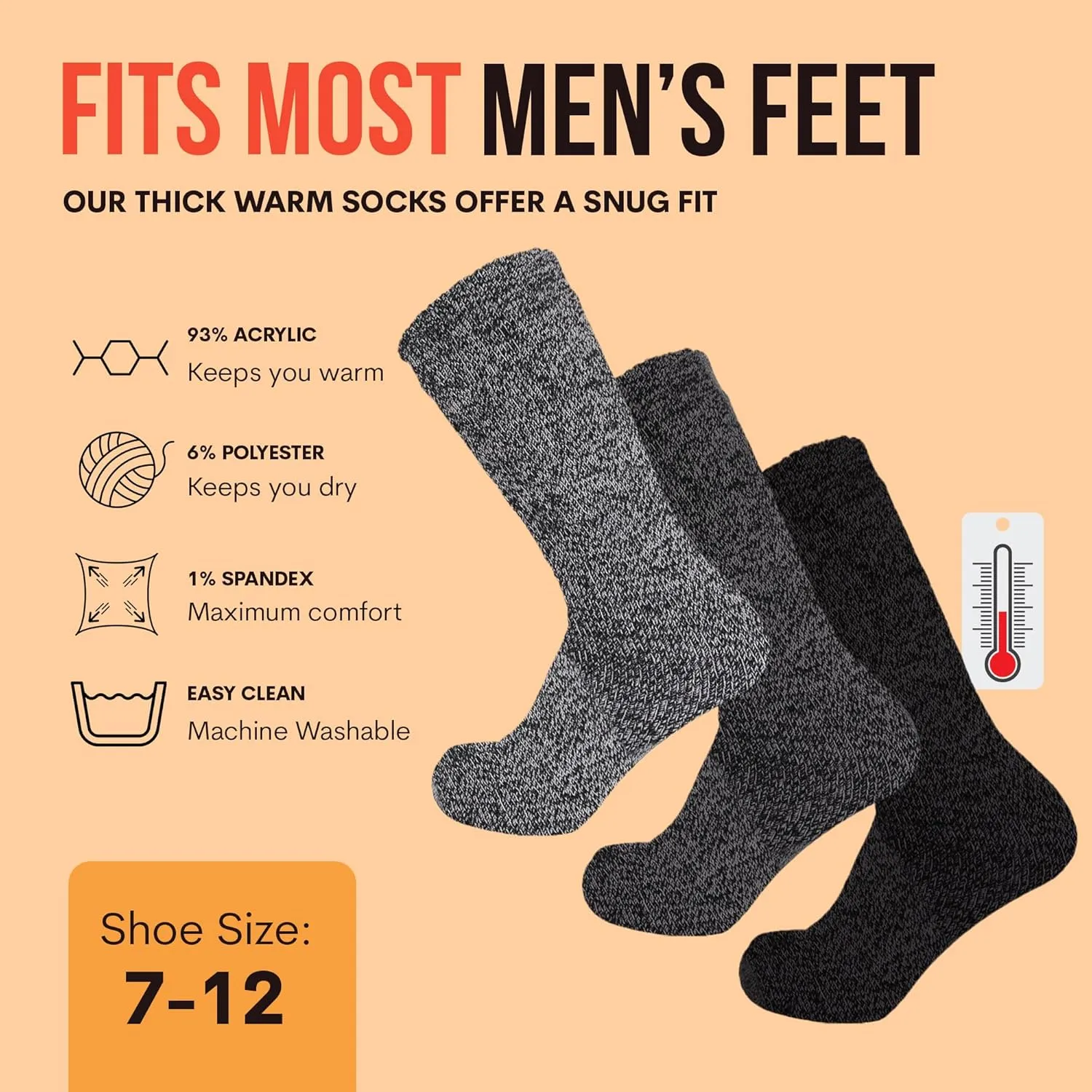UNIQUE STYLES ASFOOR 3 Pack Thermal Heated Hiking Socks For Men, Thick Warm Winter Socks For Outdoors