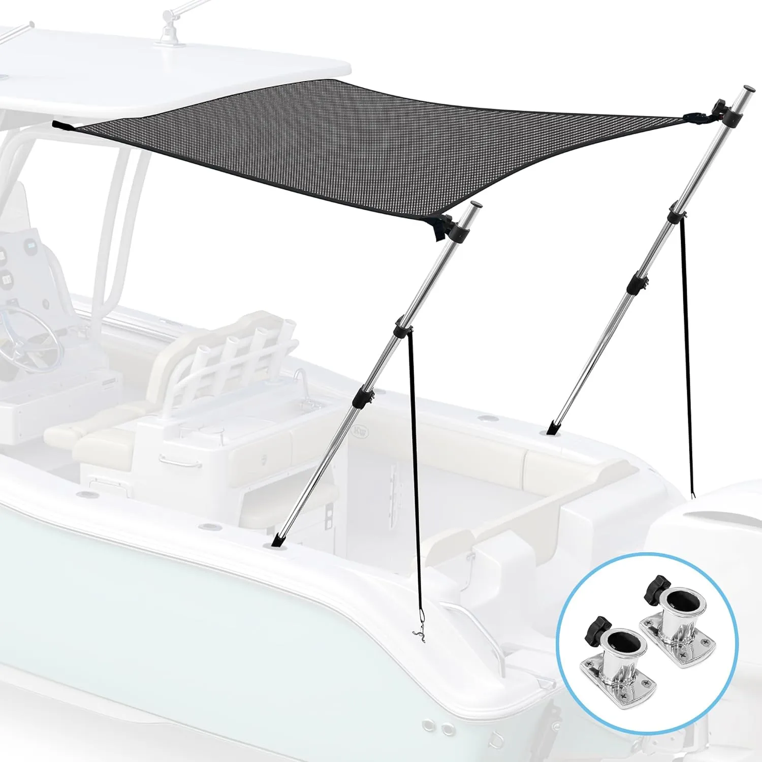 Universal T-Top Shade Extension Bimini Tops for Boats, Sun Shade Boat Canopy, Adjustable Telescopic Poles, Marine 900D Fadeproof Boat Cover, Includes Base Mounts, 67" L x 67" W, Mesh
