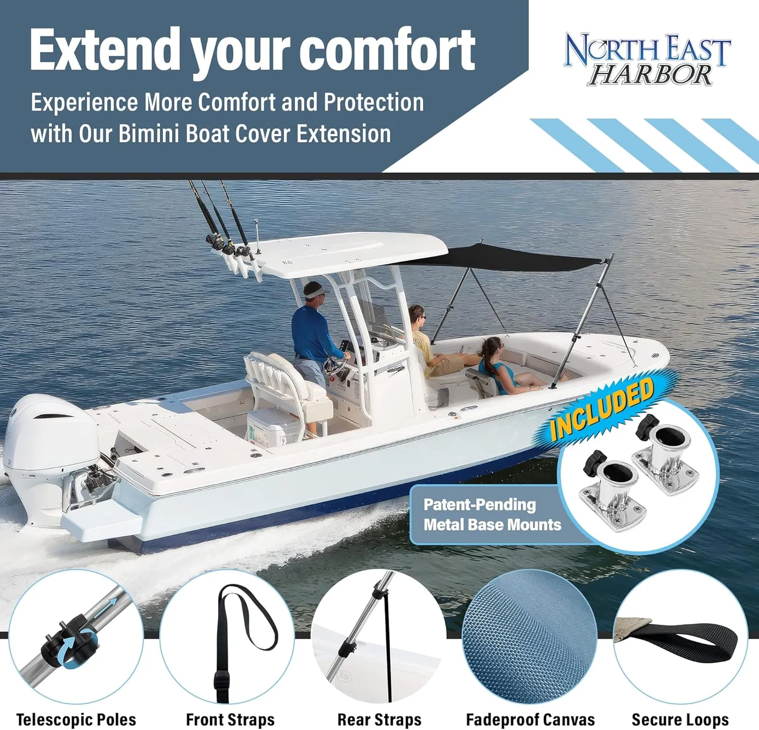 Universal T-Top Shade Extension Bimini Tops for Boats, Sun Shade Boat Canopy, Adjustable Telescopic Poles, Marine 900D Fadeproof Boat Cover, Includes Base Mounts, 67" L x 67" W, Mesh