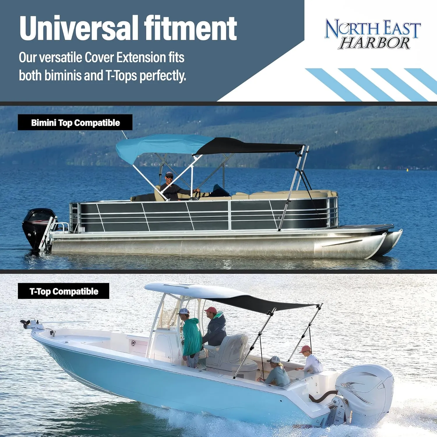 Universal T-Top Shade Extension Bimini Tops for Boats, Sun Shade Boat Canopy, Adjustable Telescopic Poles, Marine 900D Fadeproof Boat Cover, Includes Base Mounts, 67" L x 67" W, Mesh