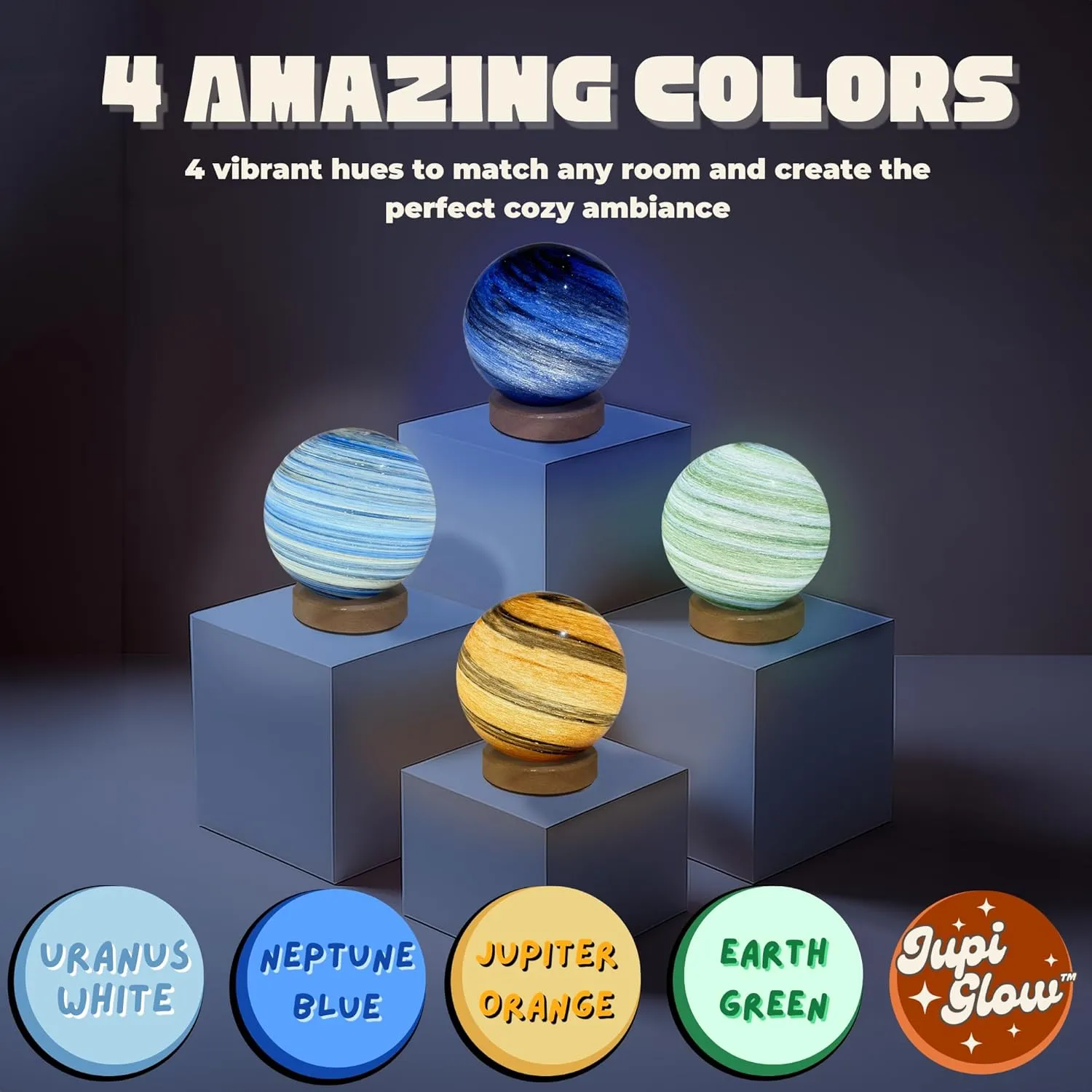 Uranus White Planet Night Light Glass Bedside with Wooden Base 3 Modes - Dimmable Swirl Planet Table Lamp for Bedroom Nightstand, Desk Lamp for Living Room, Office, Kids Room, Nursery