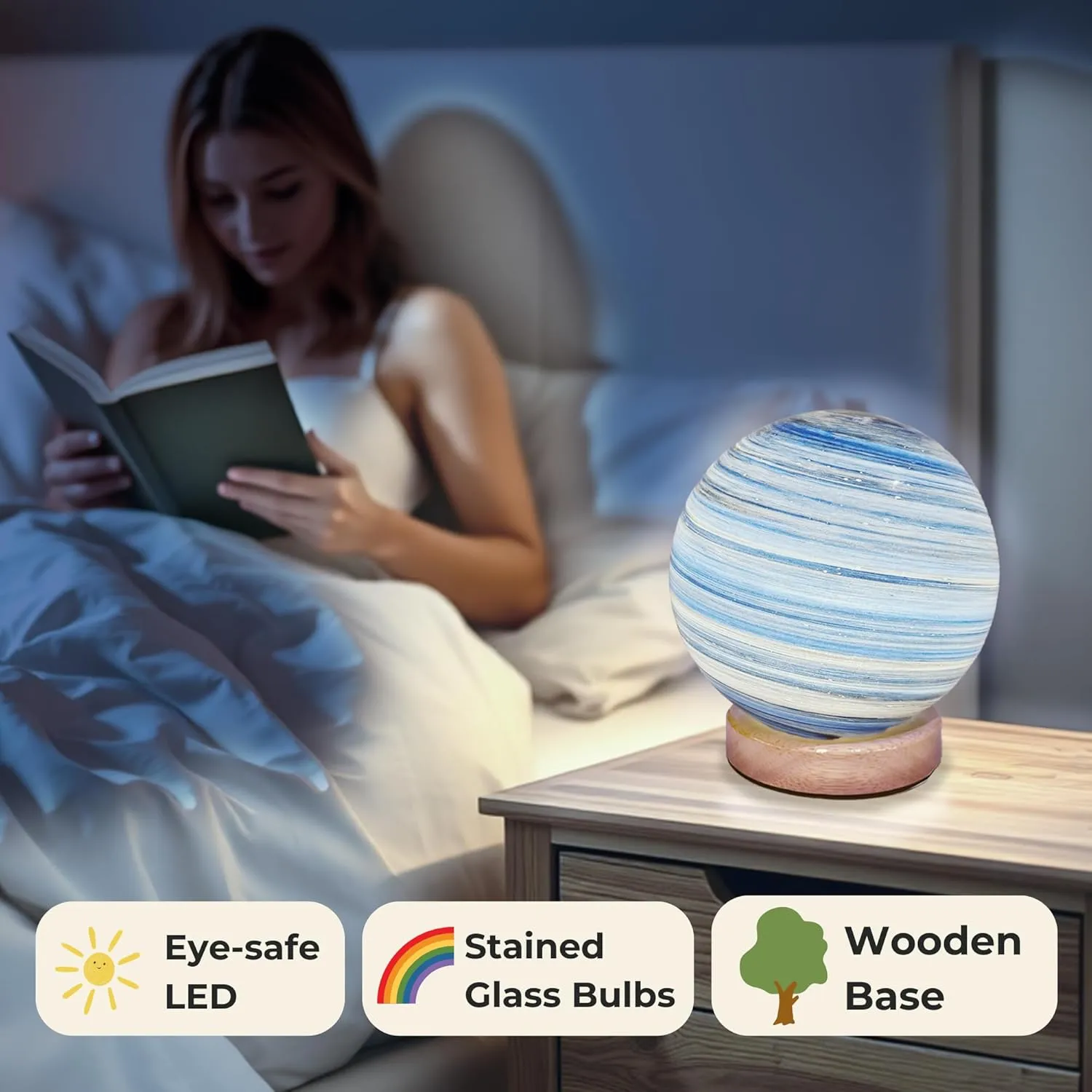 Uranus White Planet Night Light Glass Bedside with Wooden Base 3 Modes - Dimmable Swirl Planet Table Lamp for Bedroom Nightstand, Desk Lamp for Living Room, Office, Kids Room, Nursery