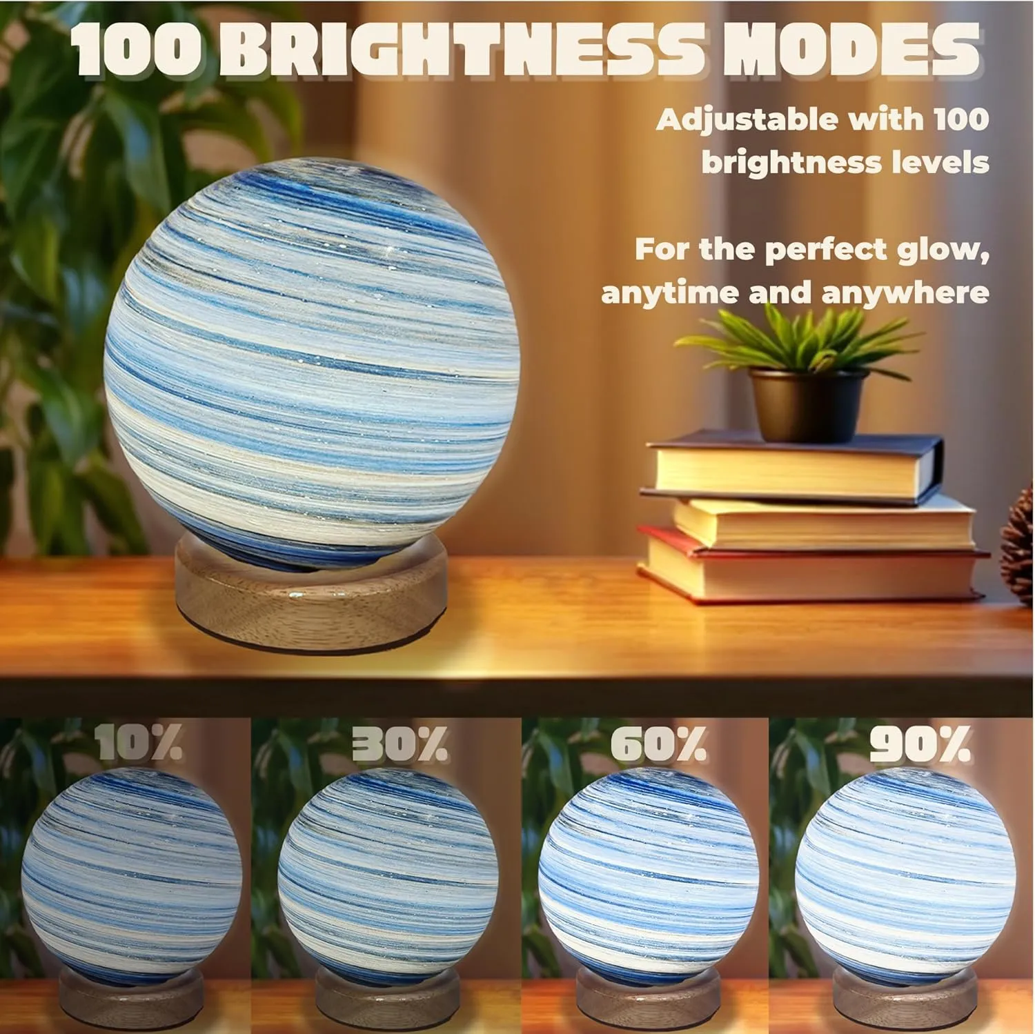Uranus White Planet Night Light Glass Bedside with Wooden Base 3 Modes - Dimmable Swirl Planet Table Lamp for Bedroom Nightstand, Desk Lamp for Living Room, Office, Kids Room, Nursery