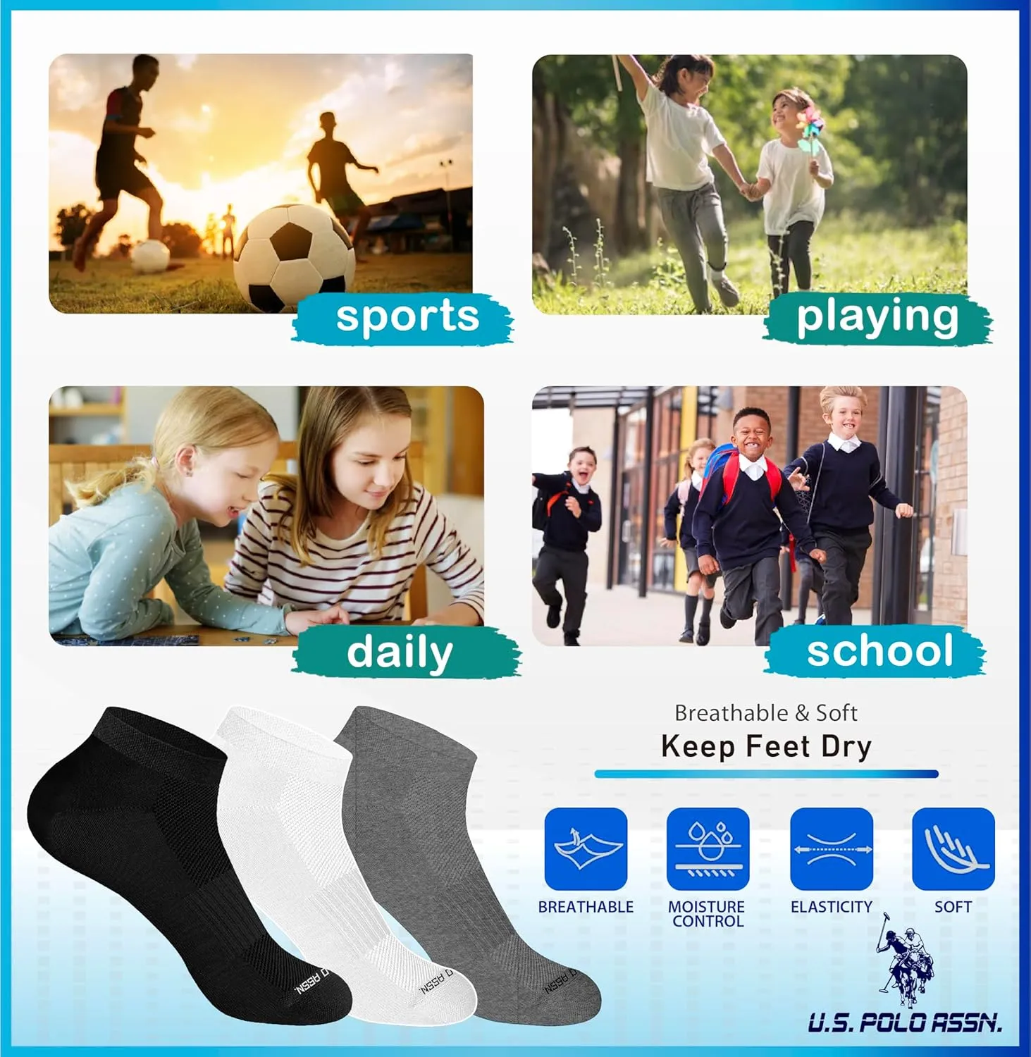 U.S. Polo Assn. 10 Pair Boy's Athletic Socks - Low Cut Moisture Control Cushion Socks - Breathable Socks - Shoe Size 4-11