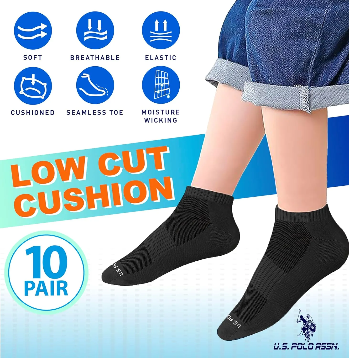 U.S. Polo Assn. 10 Pair Boy's Athletic Socks - Low Cut Moisture Control Cushion Socks - Breathable Socks - Shoe Size 4-11
