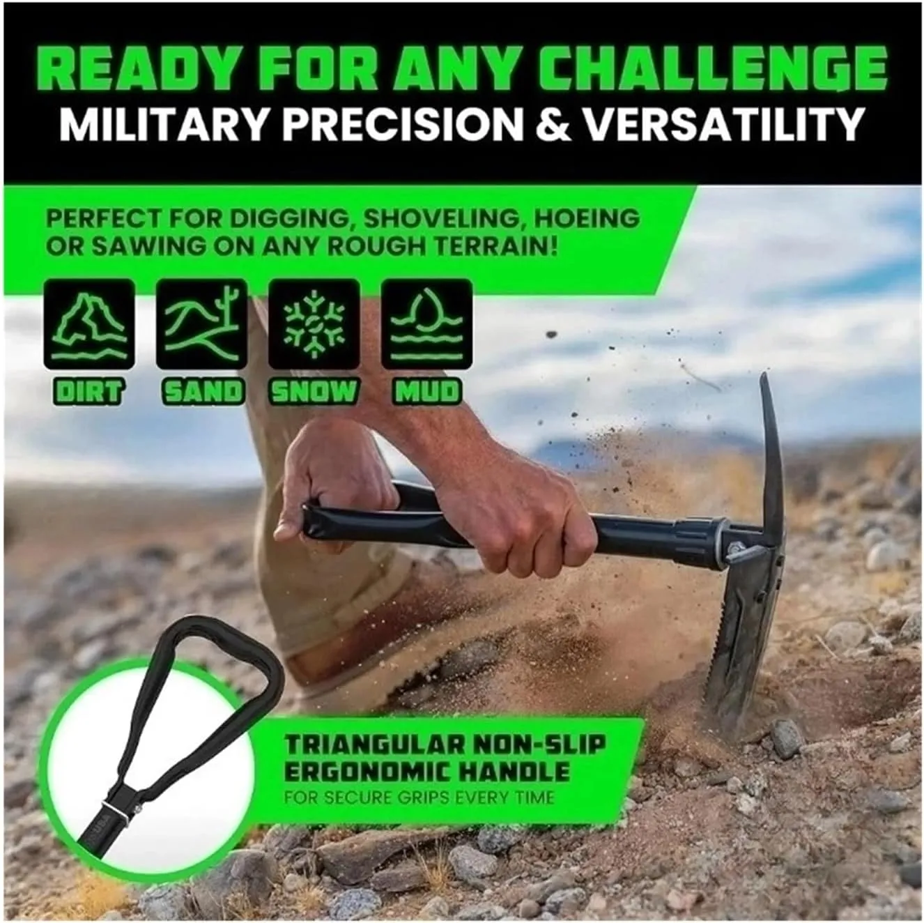 ﻿USA Folding Survival Shovel 1Pcs，W/Pick - Heavy Duty Carbon Steel Military Style Entrenching Tool for Off Road, Camping, Gardening, Beach, Digging Dirt, Sand, Mud & Snow(Black-B)