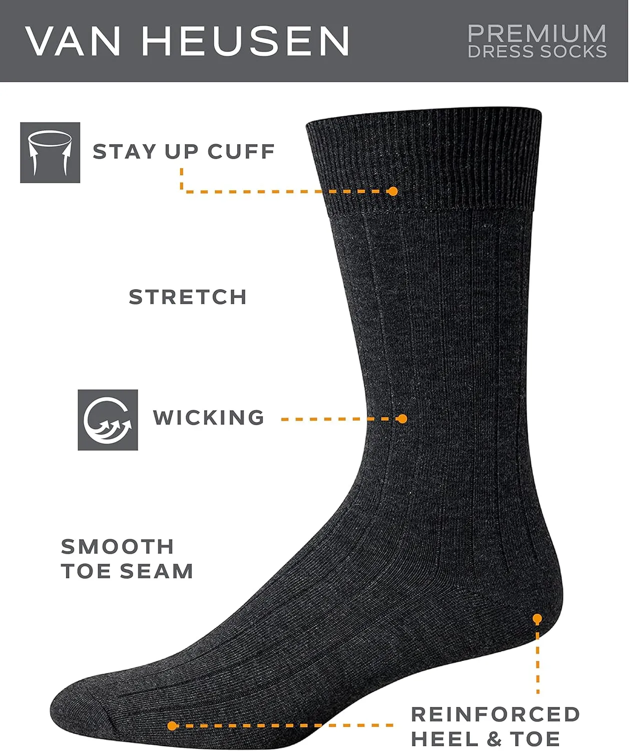 Van Heusen Mens Dress Socks - 14 Pack Soft Stretch Moisture Wicking Crew Socks for Men for Everyday Office Work Wear (6-12.5)