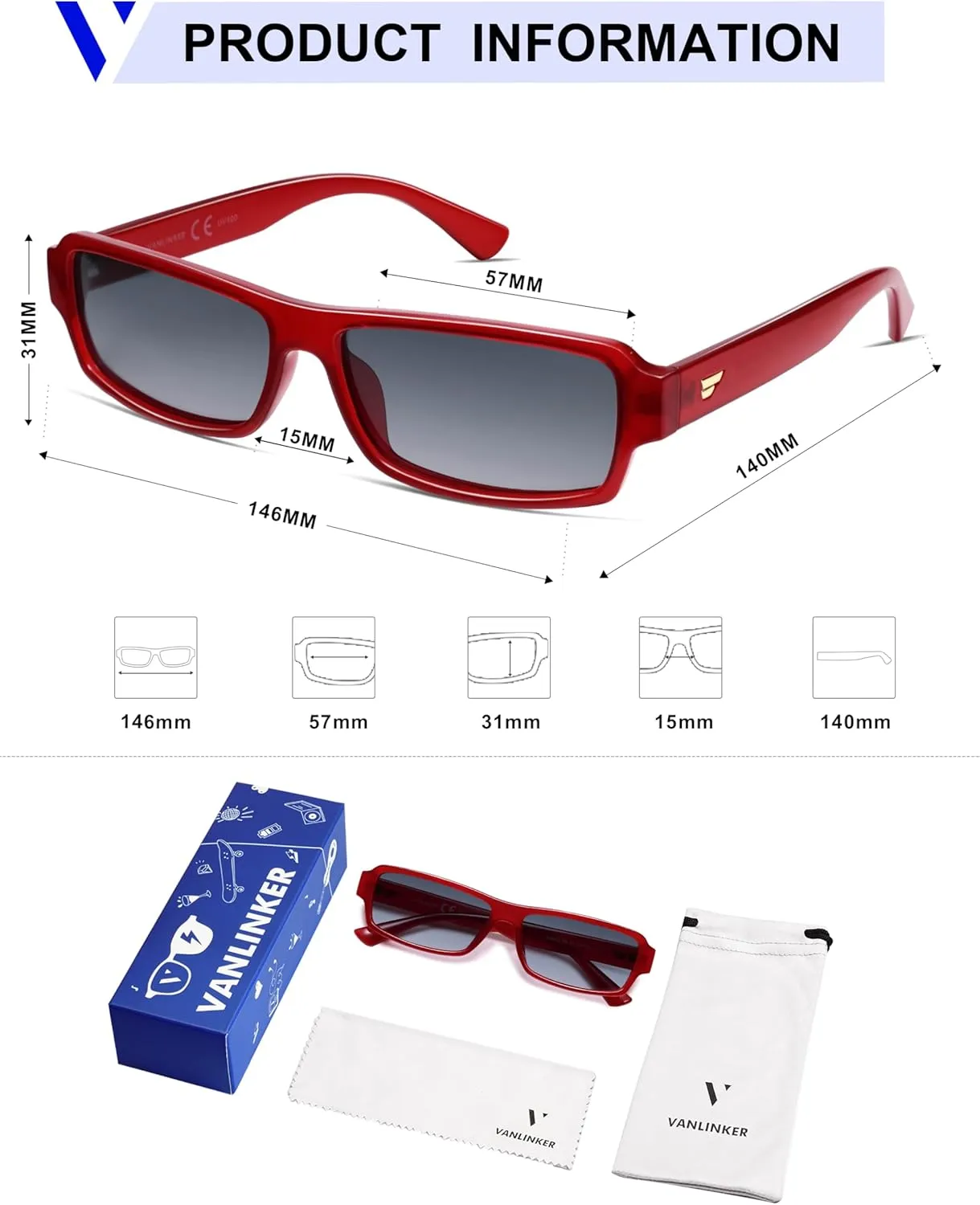 VANLINKER Retro Rectangle Polarized Sunglasses for Women Men Vintage 90s Small Trendy 2025 Sunnies VL9852
