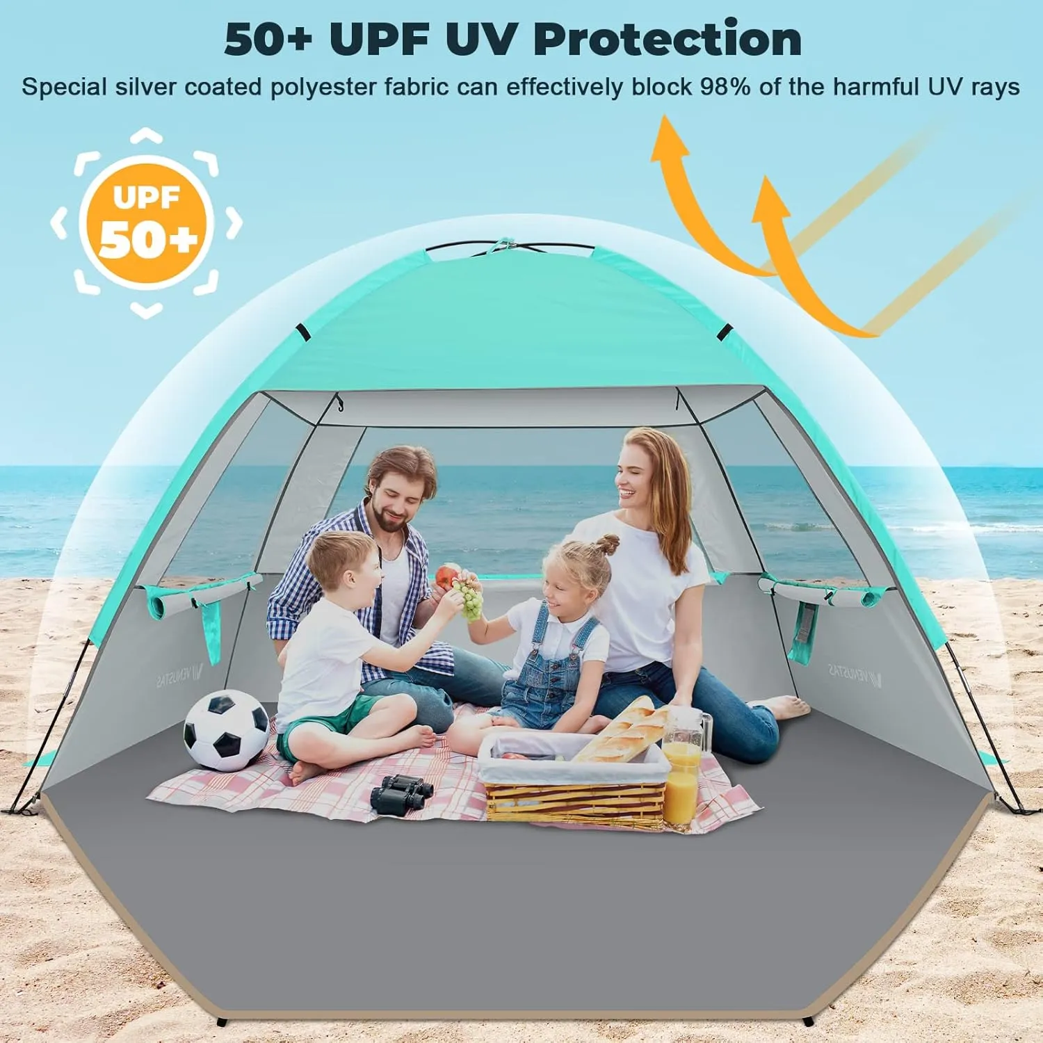 Venustas Beach Tent Sun Shelter for 3-10 Person, UPF 50  UV Protection Canopy, Lightweight and Easy Setup Cabana, Portable Beach Shade