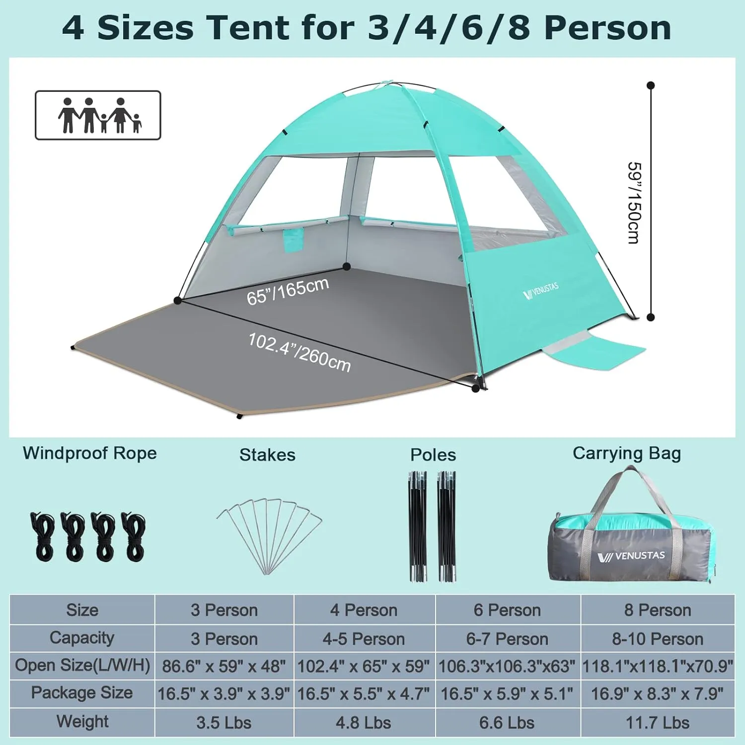 Venustas Beach Tent Sun Shelter for 3-10 Person, UPF 50  UV Protection Canopy, Lightweight and Easy Setup Cabana, Portable Beach Shade