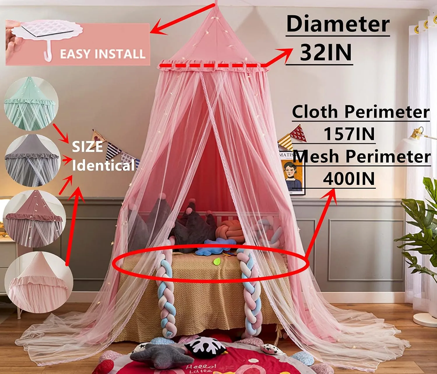 VETHIN Bed Canopy for Kids with Lights,Double Layer Princess Round Dome Children Dreamy Mosquito Net Bedding Girls Room Castle Play Tent Hanging House Decor Reading Nook Canopies(Beige Pink/White)