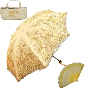 Vintage Lace Umbrella, UPF50  Sun Umbrella, 3D Flower Chinese Embroidery Compact Folding Umbrella for Walking, Wedding, Tea Party,Photo Shooting