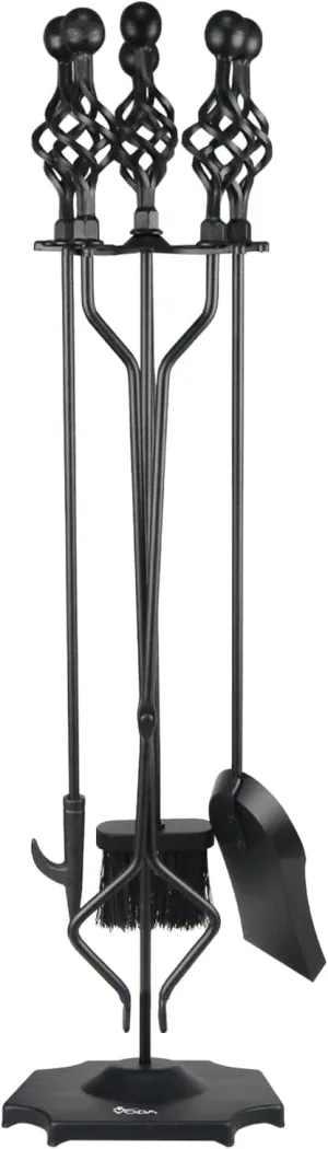 VODA Fireplace Tools Set, 5-Piece Cast Iron 33" Fire Place Set Tools Indoor Fireside Accessories Large Fire Place Tool Set Outdoor Holder Fire Kit with Poker Shovel Tongs Brush, Stand