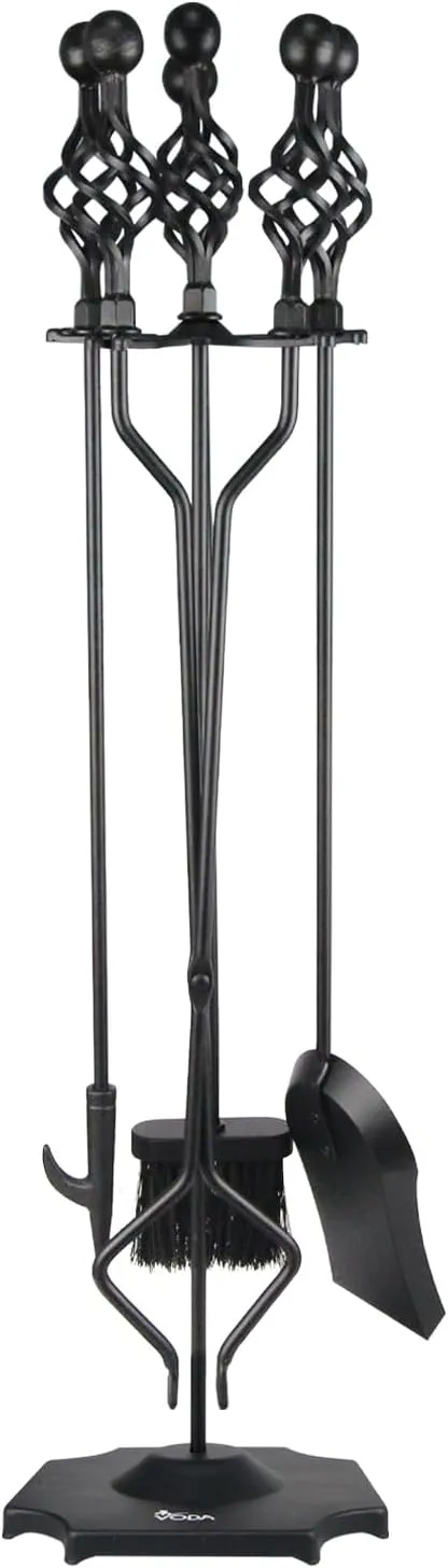 VODA Fireplace Tools Set, 5-Piece Cast Iron 33" Fire Place Set Tools Indoor Fireside Accessories Large Fire Place Tool Set Outdoor Holder Fire Kit with Poker Shovel Tongs Brush, Stand