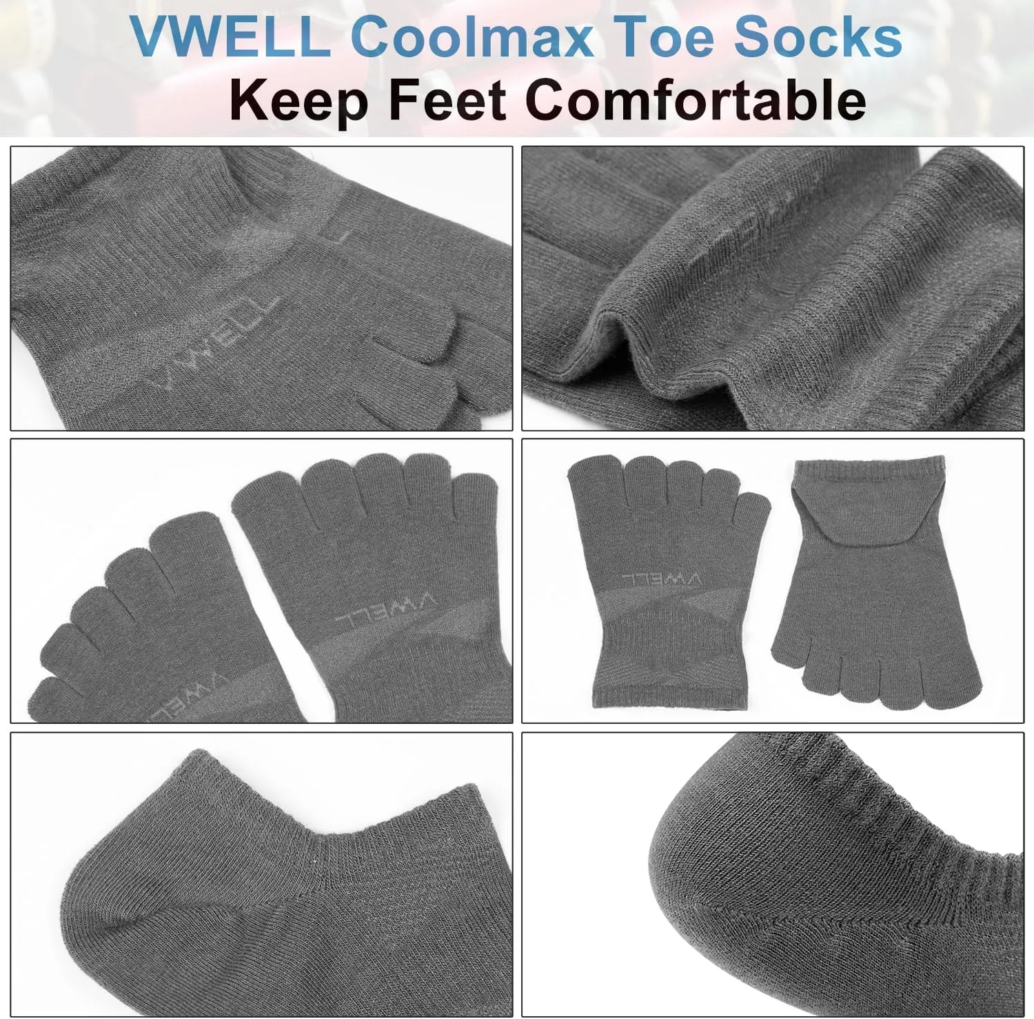 VWELL No Show Toe Socks for Men Women COOLMAX Five Finger Socks Athletic Running Ankle Low Cut 5 Toe Socks (3Pairs)