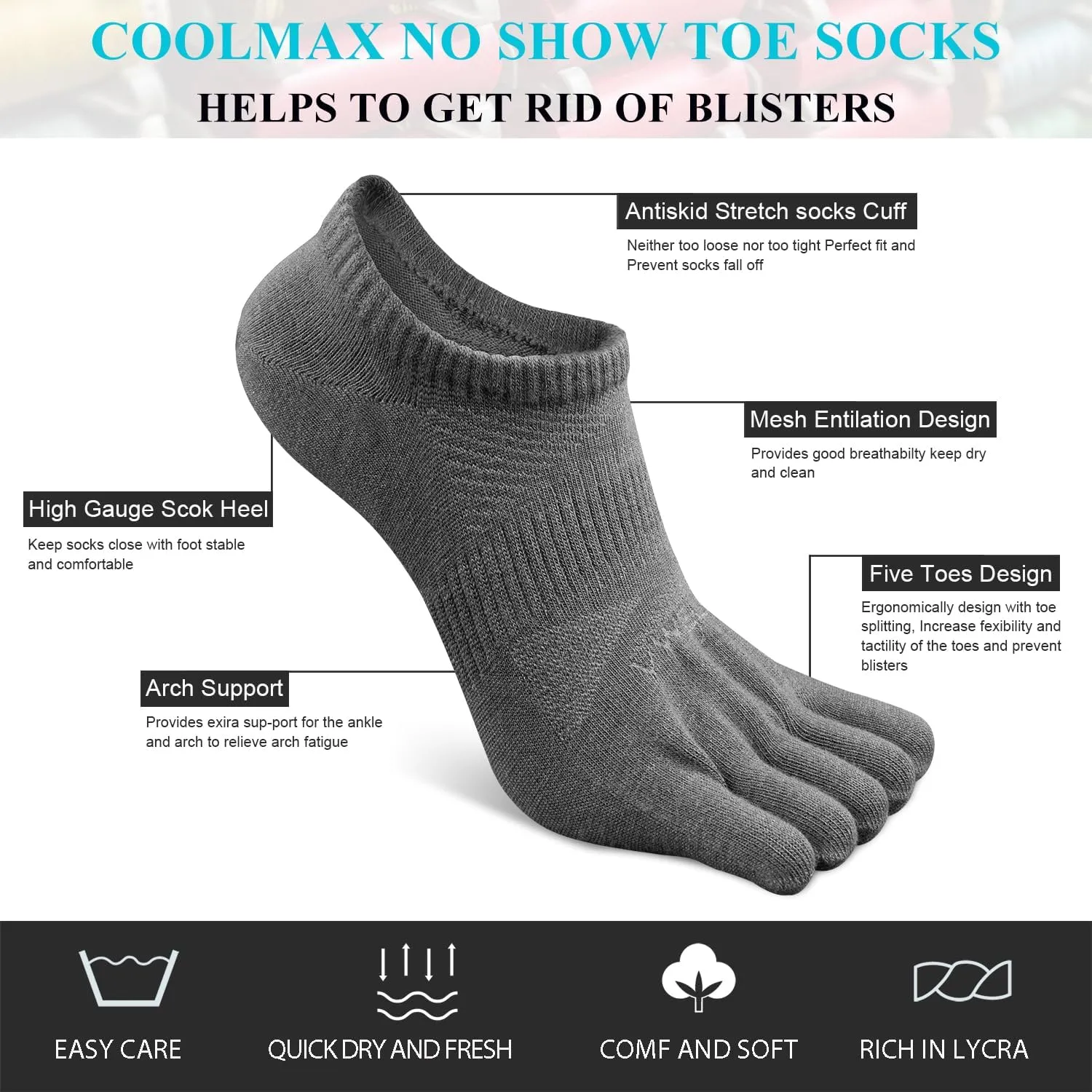 VWELL No Show Toe Socks for Men Women COOLMAX Five Finger Socks Athletic Running Ankle Low Cut 5 Toe Socks (3Pairs)
