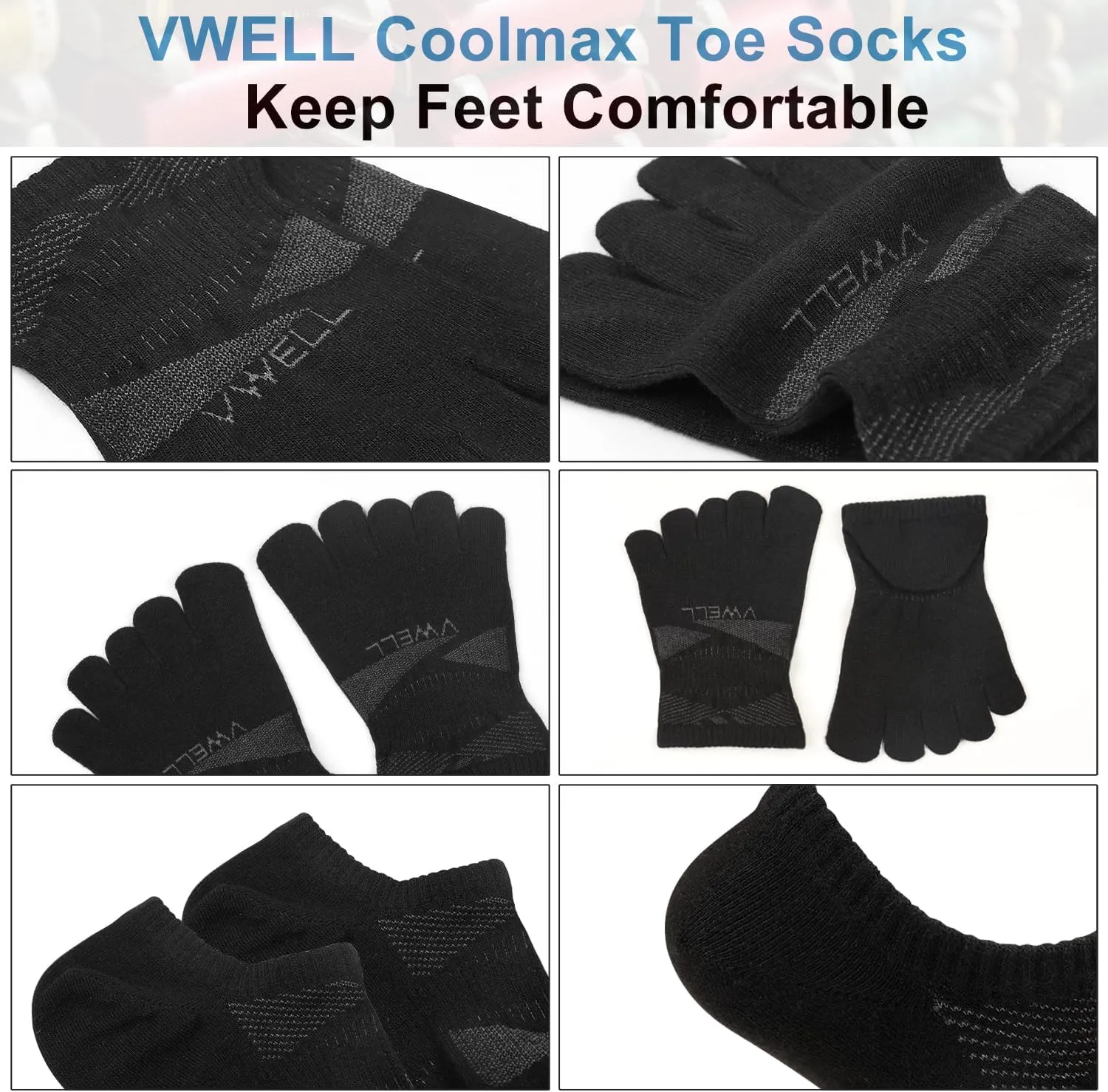 VWELL No Show Toe Socks for Men Women COOLMAX Five Finger Socks Athletic Running Ankle Low Cut 5 Toe Socks (3Pairs)