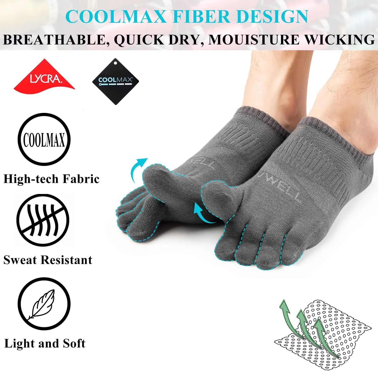 VWELL No Show Toe Socks for Men Women COOLMAX Five Finger Socks Athletic Running Ankle Low Cut 5 Toe Socks (3Pairs)