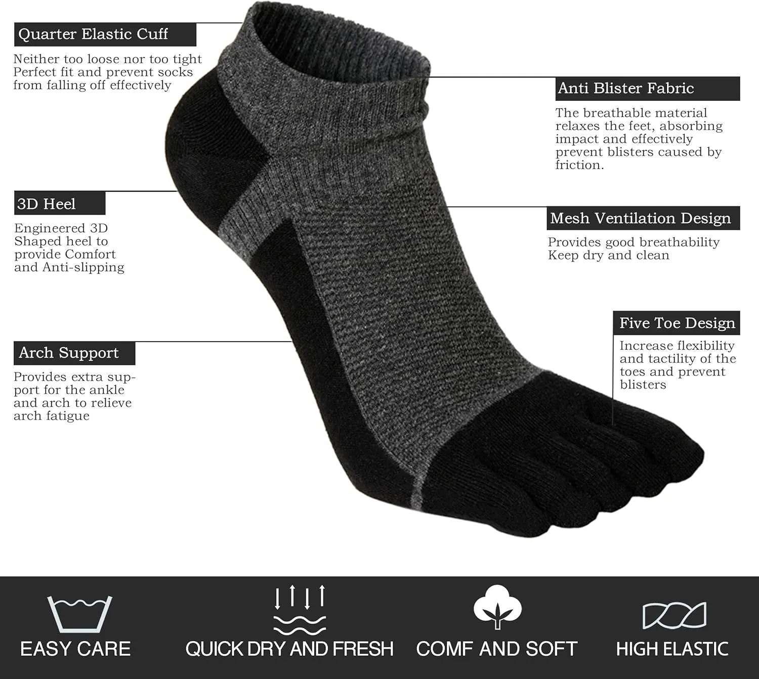 VWELL Toe Socks for Men Women Ankle Cotton Five Fingers Socks Low Cut Athletic Running Socks 4 Pairs Size 8-11
