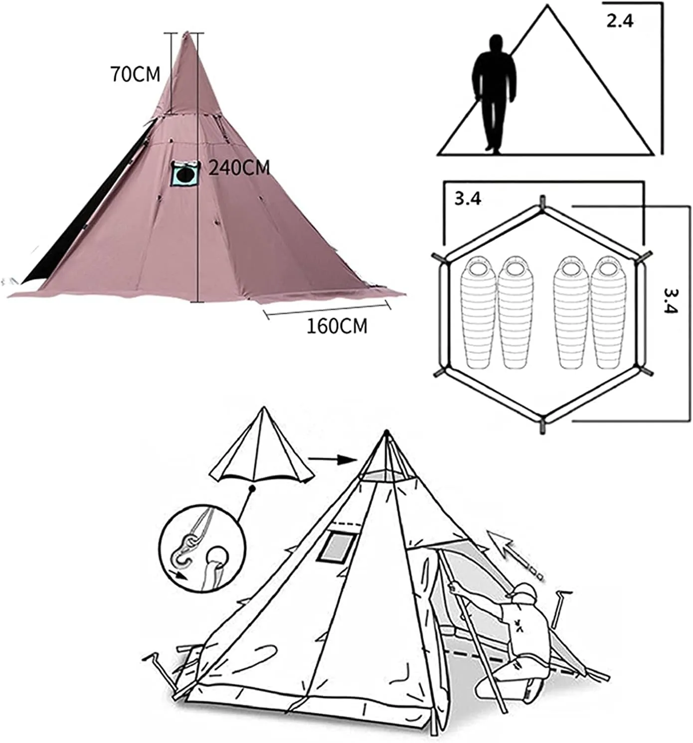 Warm Teepee Tents for Outdoor Hiking Camping Hiking Pyramid Tent Double Layers Camping Tent Indian