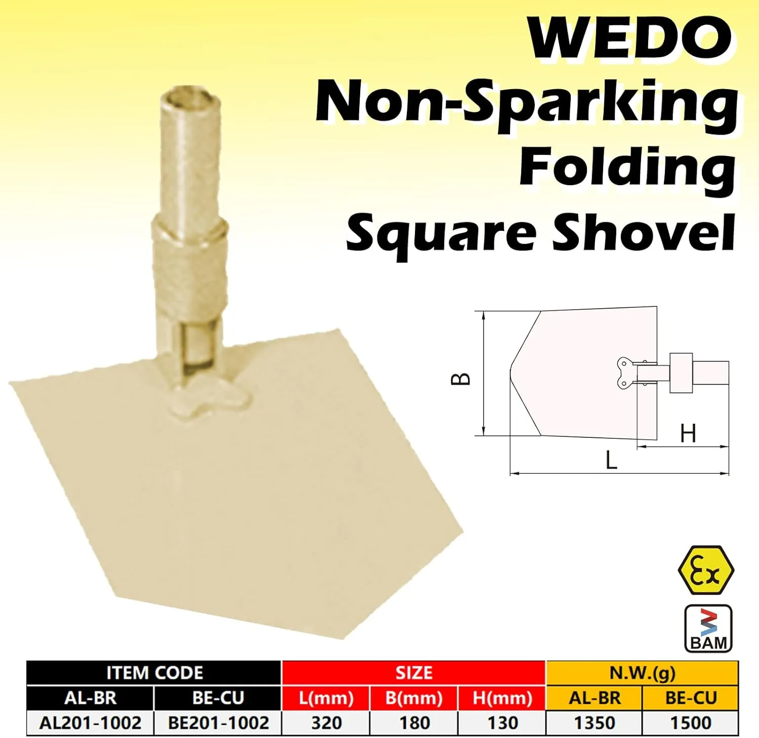 WEDO Non-Sparking Folding Square Shovel,Straight Blade,Spark-Free Safety Digging Spade,Durable,Aluminum Bronze,DIN Standard,BAM & FM Certificate,12.5" Length,320mm