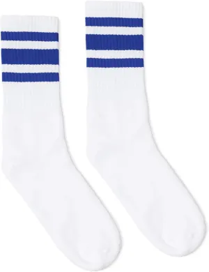 White with Royal Blue Stripe Crew Socks Made in USA