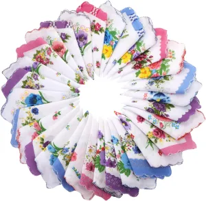 Women Cotton Handkerchiefs (Single-Sided Print) Ladies Vintage Soft Pocket Handkerchiefs with Floral(Multicoloured)