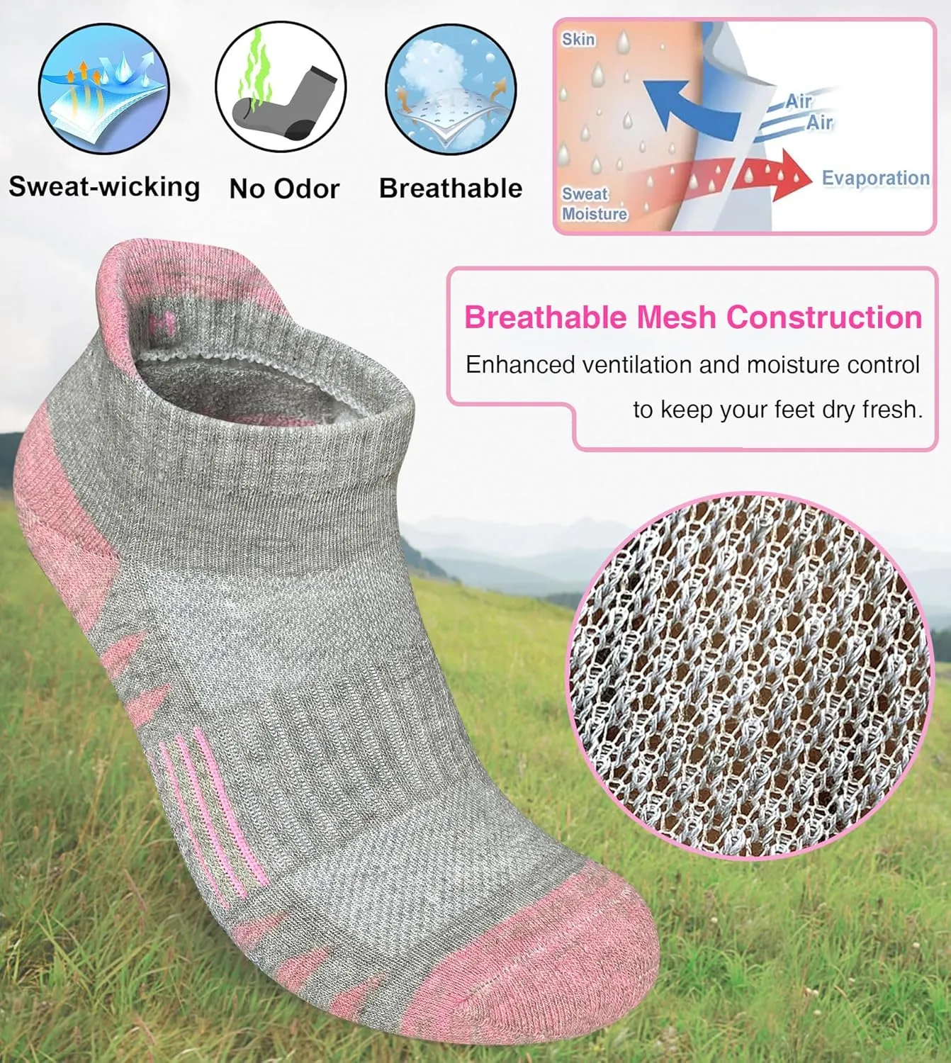 Womens Ankle Anti-blister Thick Cushioned Wicking Odor Resist Athletic Running Socks 5 Pairs