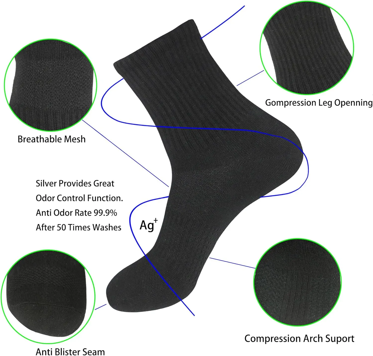 Womens Anti Blister Odor Control Quick Dry Compression Quarter Crew Cotton Athletic Running Hiking Socks