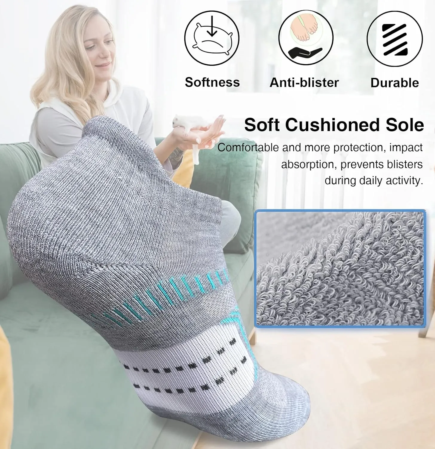 Womens Athletic Cushioned Anti-Blister Comfort Running Ankle Socks 5 Pairs