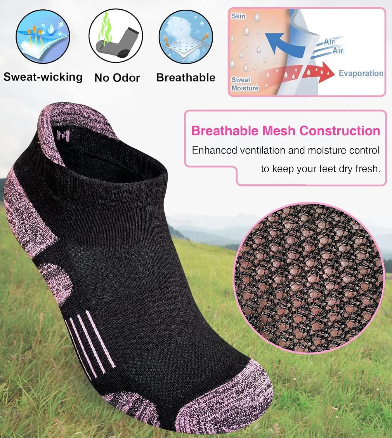 Womens Athletic Running Cotton Socks Thick Cushioned Anti-blister Wicking Ankle Socks 5 Pairs