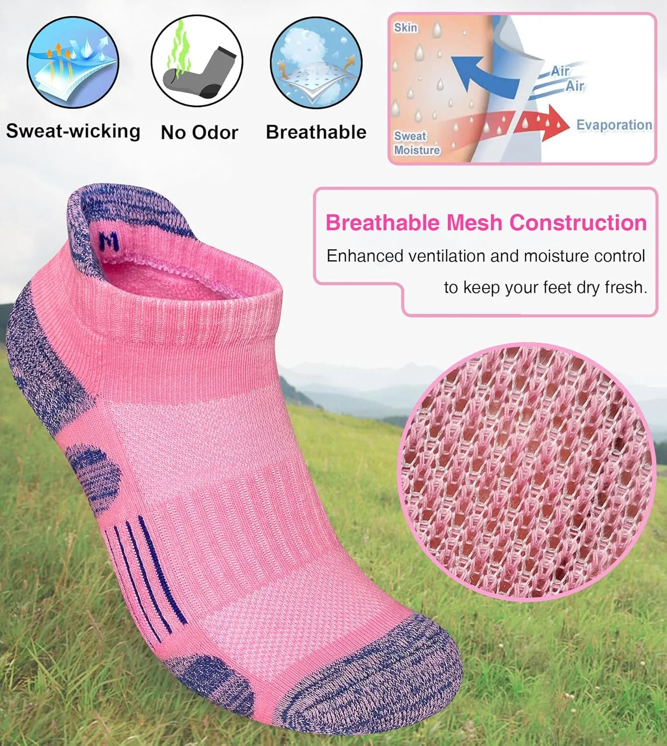 Womens Athletic Running Cotton Socks Thick Cushioned Anti-blister Wicking Ankle Socks 5 Pairs