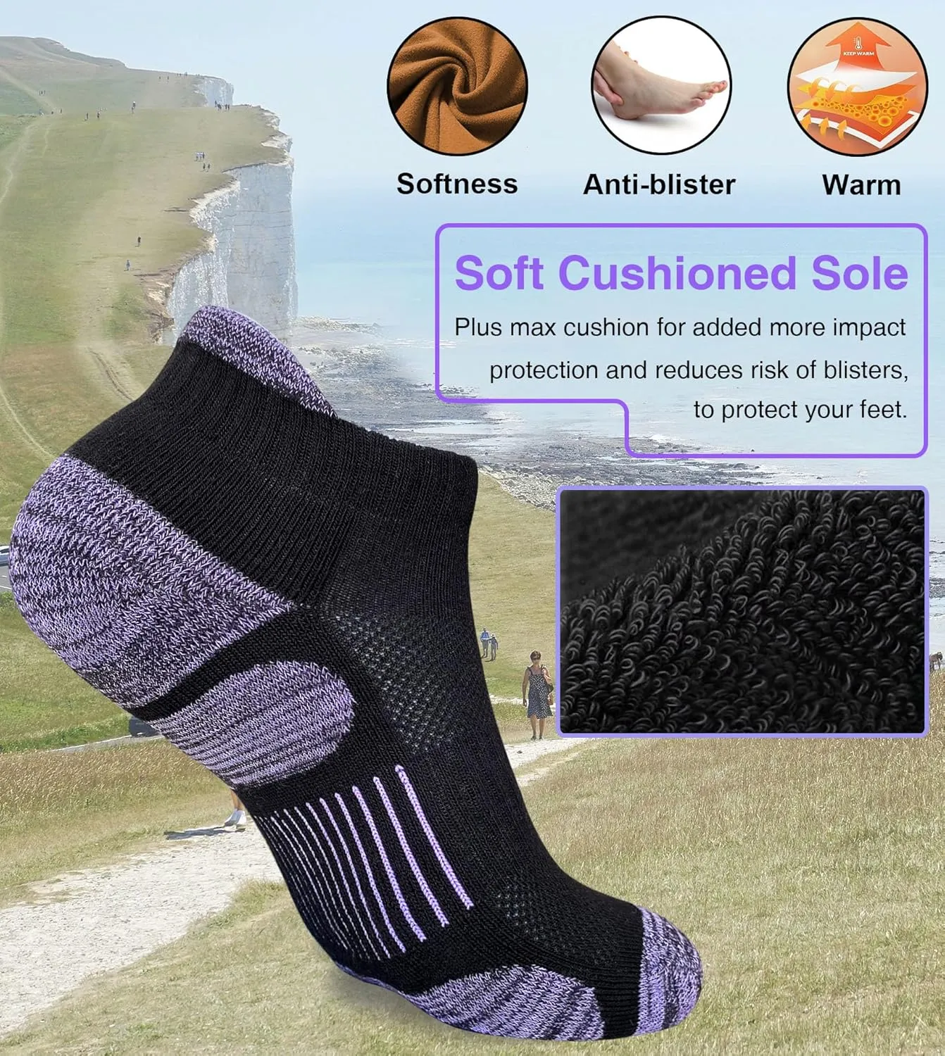 Womens Athletic Running Cotton Socks Thick Cushioned Anti-blister Wicking Ankle Socks 5 Pairs