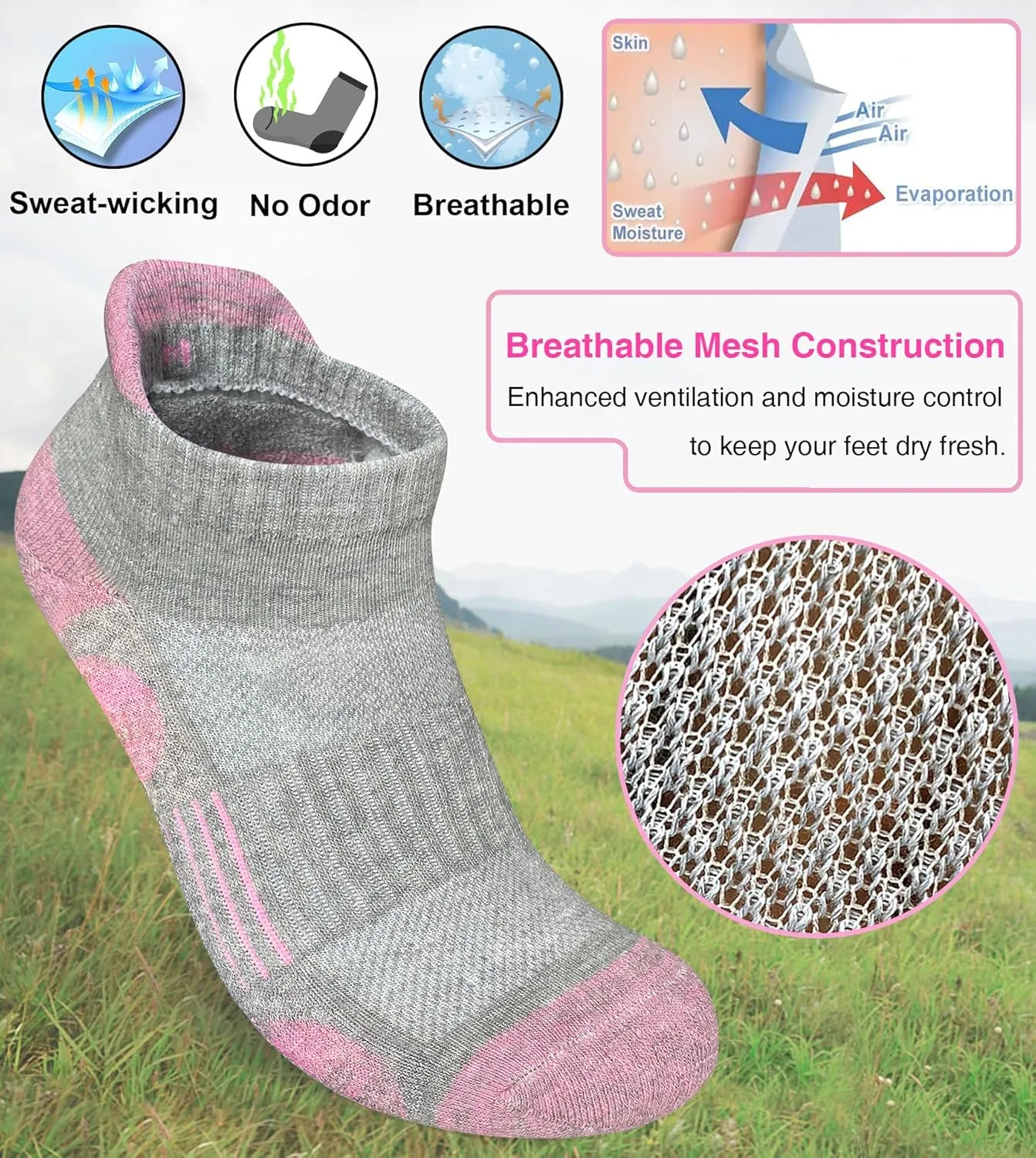 Womens Athletic Running Cotton Socks Thick Cushioned Anti-blister Wicking Ankle Socks 5 Pairs