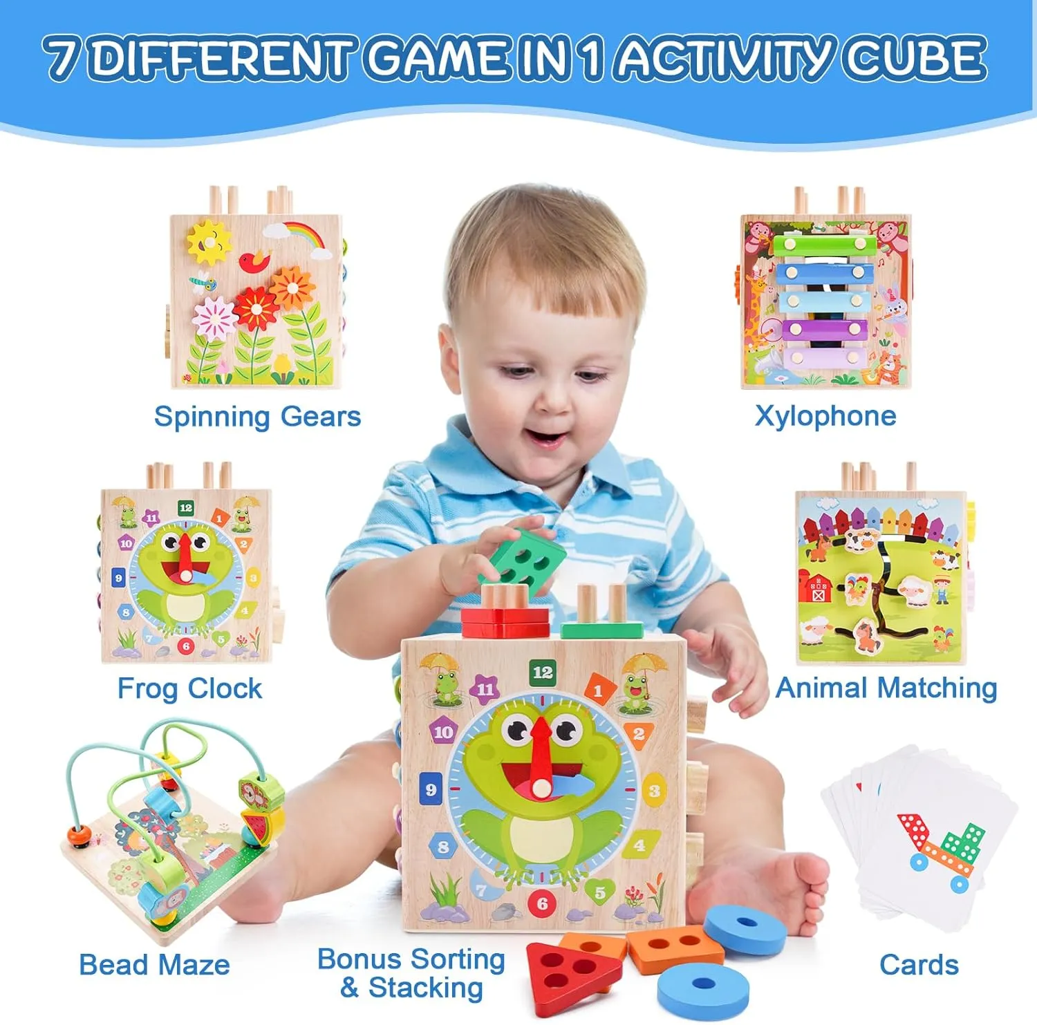 Wooden Activity Cube | Montessori Toys for 1 2 3 Year Old Toddlers | One Year Old 1st 2st First Birthday Gift | Educational Toys for 12  Months Baby Boys Girls | Bonus Sorting & Stacking Game (Blue)