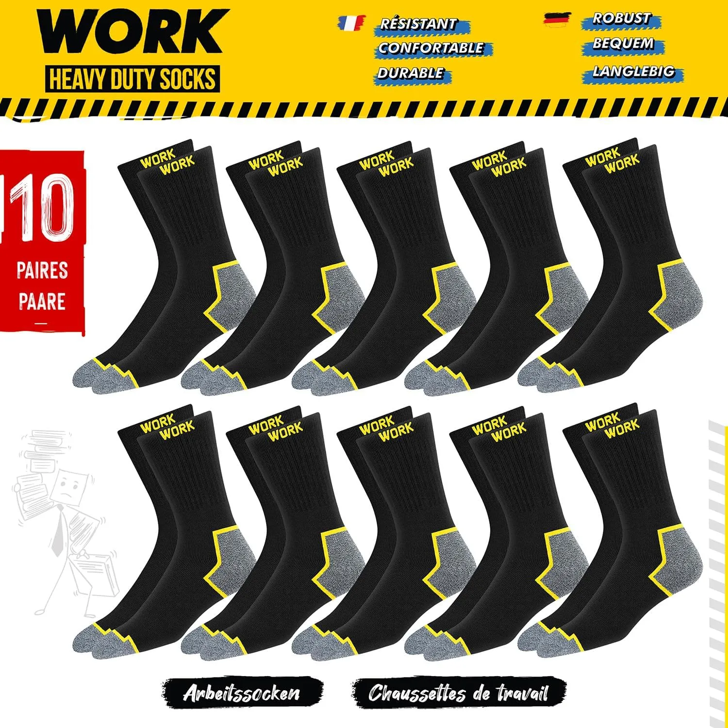 WORK Socks for Men Crew Length Black Socks 10 Pairs