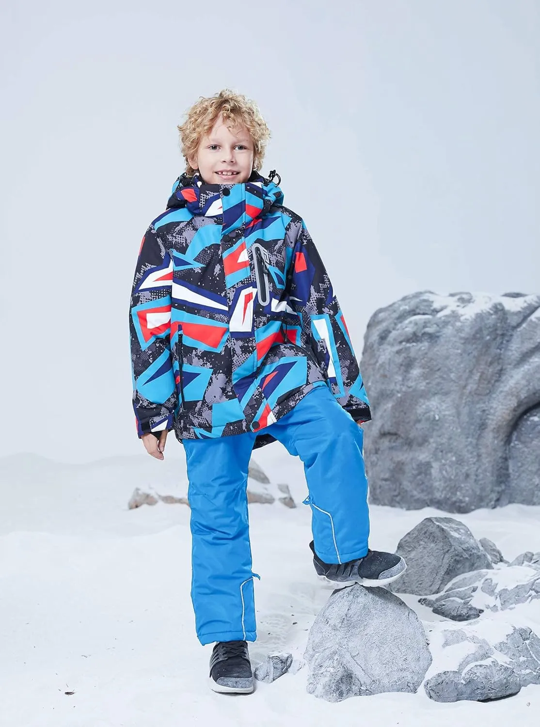 WOWULOVELY Big Boy's 2-Piece Colorblock Snow Pants and Jacket Snowsuit Ski Suit