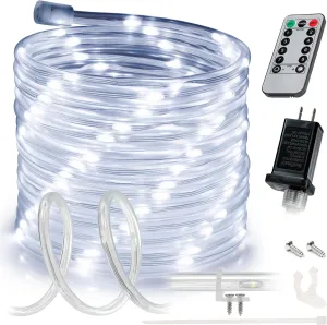 WYZworks 50ft Cool White LED Rope Light, 8 Modes Waterproof Outdoor Accent Lighting w/Remote, Flexible Clear Tube, ETL Certified, Garden, Patio, Backyard, Holiday Christmas Palm Tree Ambient Décor