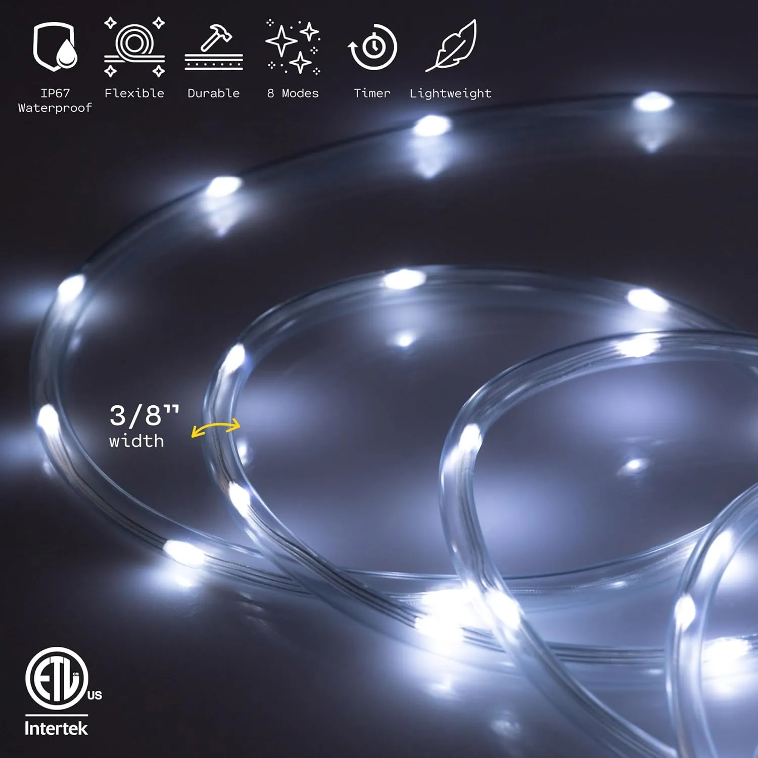 WYZworks 50ft Cool White LED Rope Light, 8 Modes Waterproof Outdoor Accent Lighting w/Remote, Flexible Clear Tube, ETL Certified, Garden, Patio, Backyard, Holiday Christmas Palm Tree Ambient Décor