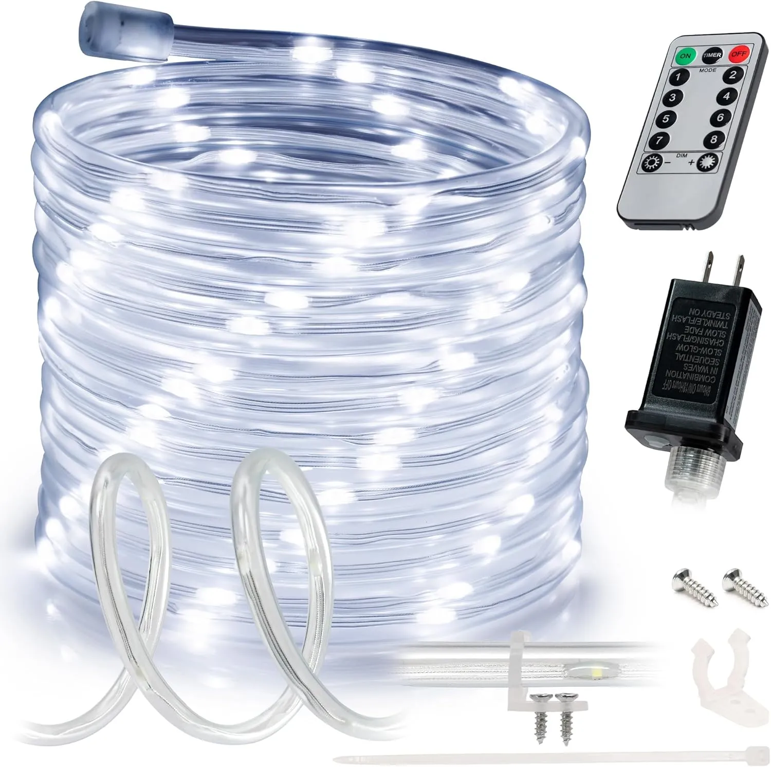 WYZworks 50ft Cool White LED Rope Light, 8 Modes Waterproof Outdoor Accent Lighting w/Remote, Flexible Clear Tube, ETL Certified, Garden, Patio, Backyard, Holiday Christmas Palm Tree Ambient Décor