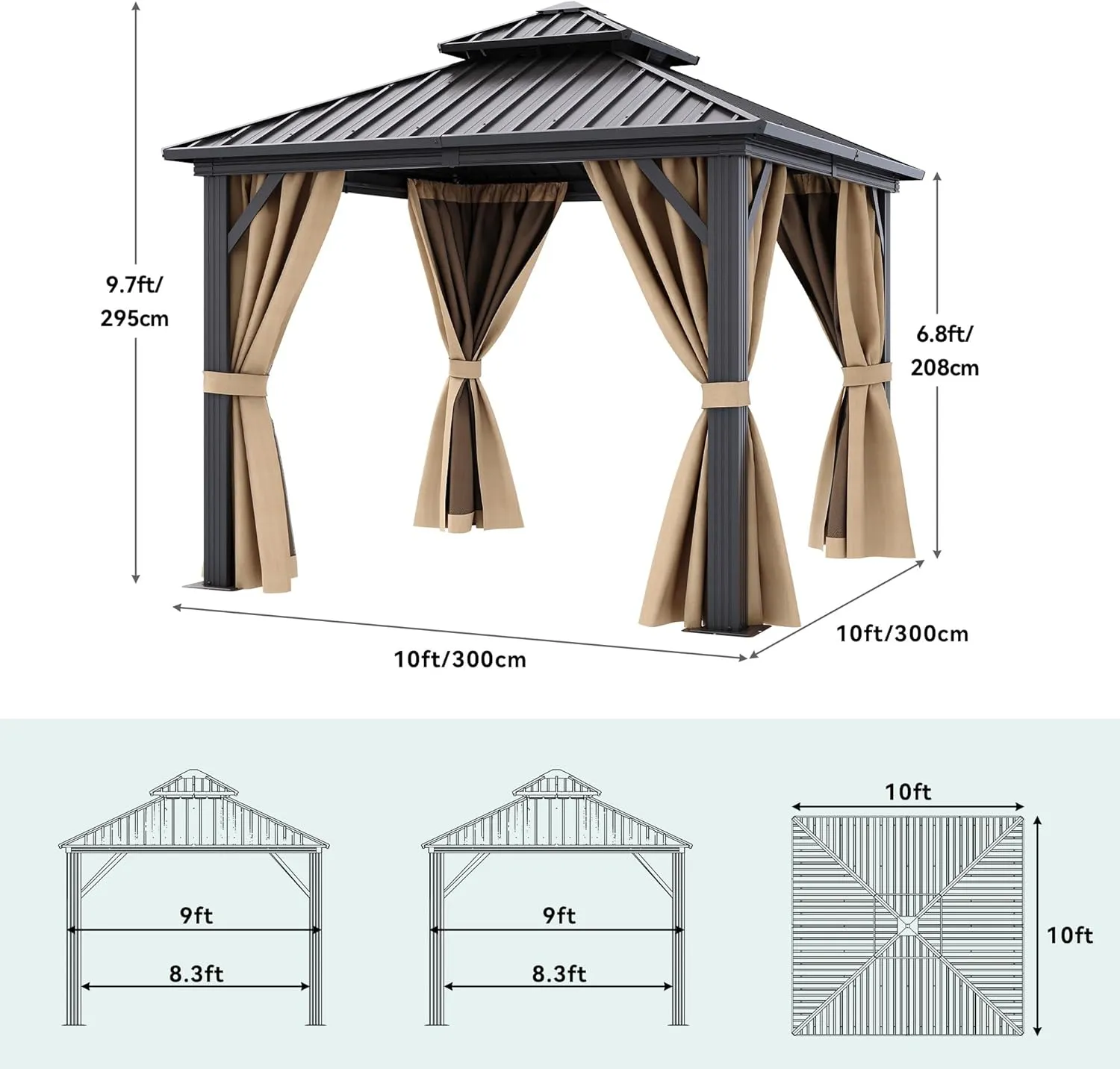 YITAHOME 10X10FT Hard Top Metal Gazebo Patios Double Roof Canopy Aluminum Frame Garden Gzebo Tent Curtains Netting for Patios Backyards Decks Lawns Brown