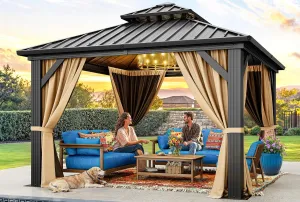 YITAHOME 10X10FT Hard Top Metal Gazebo Patios Double Roof Canopy Aluminum Frame Garden Gzebo Tent Curtains Netting for Patios Backyards Decks Lawns Brown