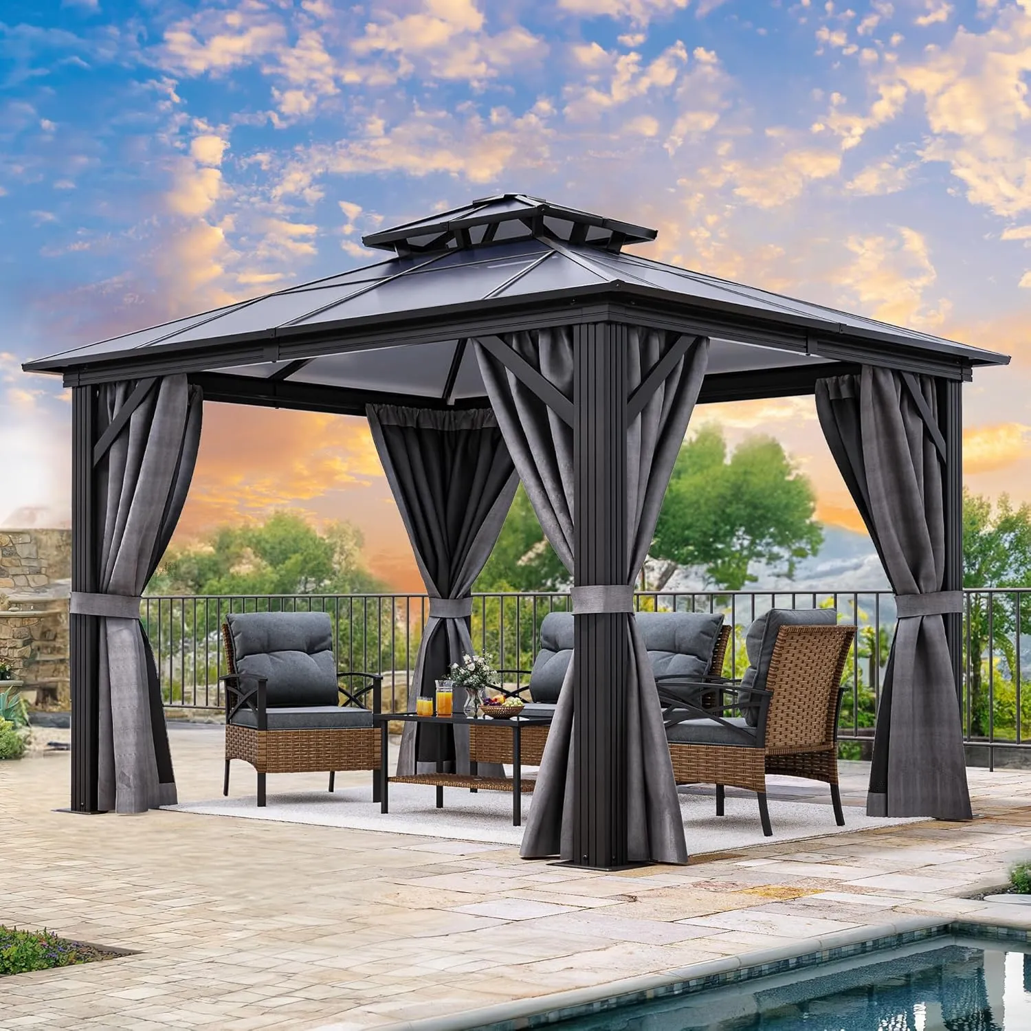 YITAHOME 10X10FT Polycarbonate Hardtop Gazebo Outdoor Patio Double Top Canopy Galvanized Iron Aluminum Column Garden Tent Curtains Netting for Backyards Decks Lawns,Gray