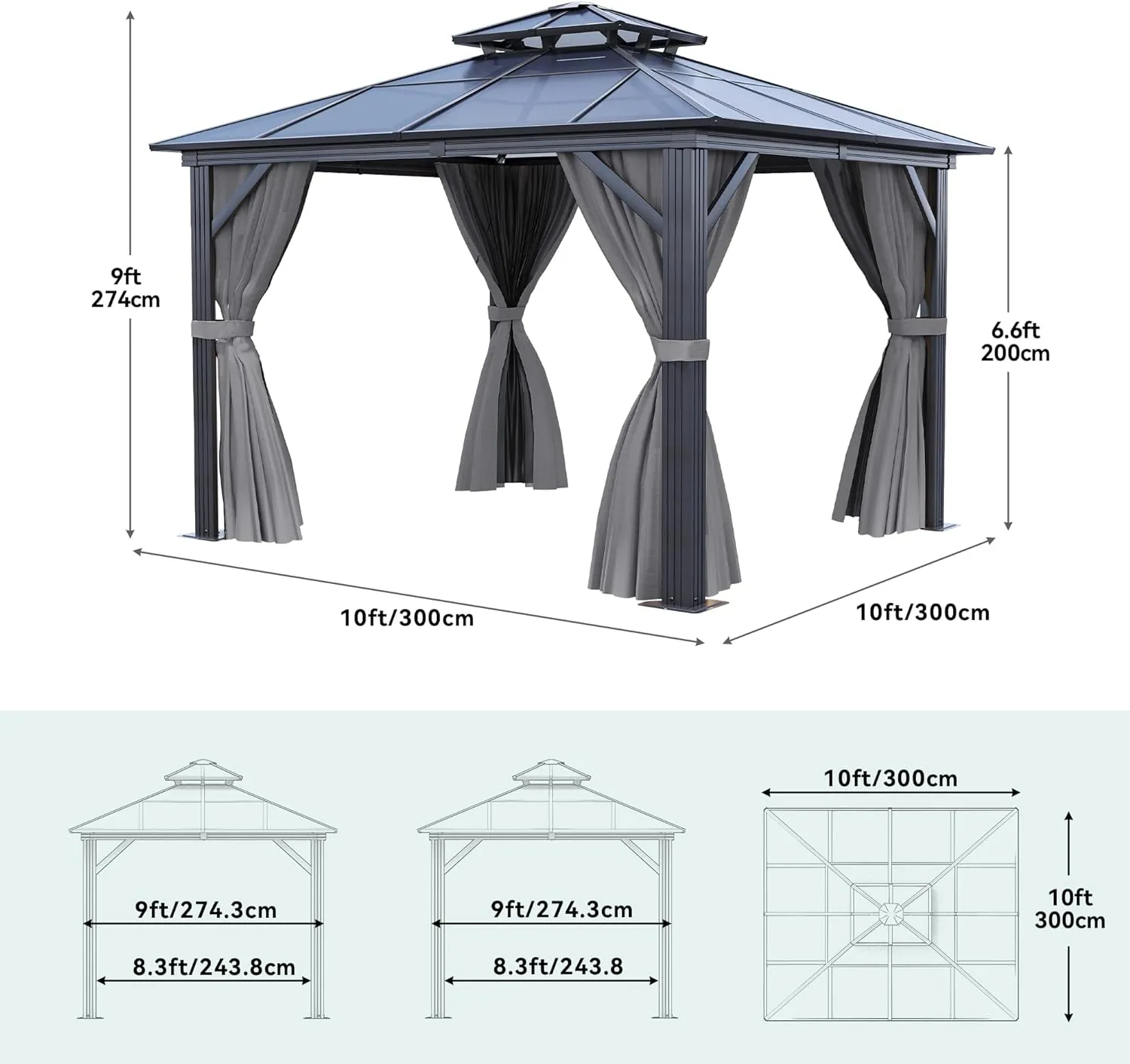 YITAHOME 10X10FT Polycarbonate Hardtop Gazebo Outdoor Patio Double Top Canopy Galvanized Iron Aluminum Column Garden Tent Curtains Netting for Backyards Decks Lawns,Gray
