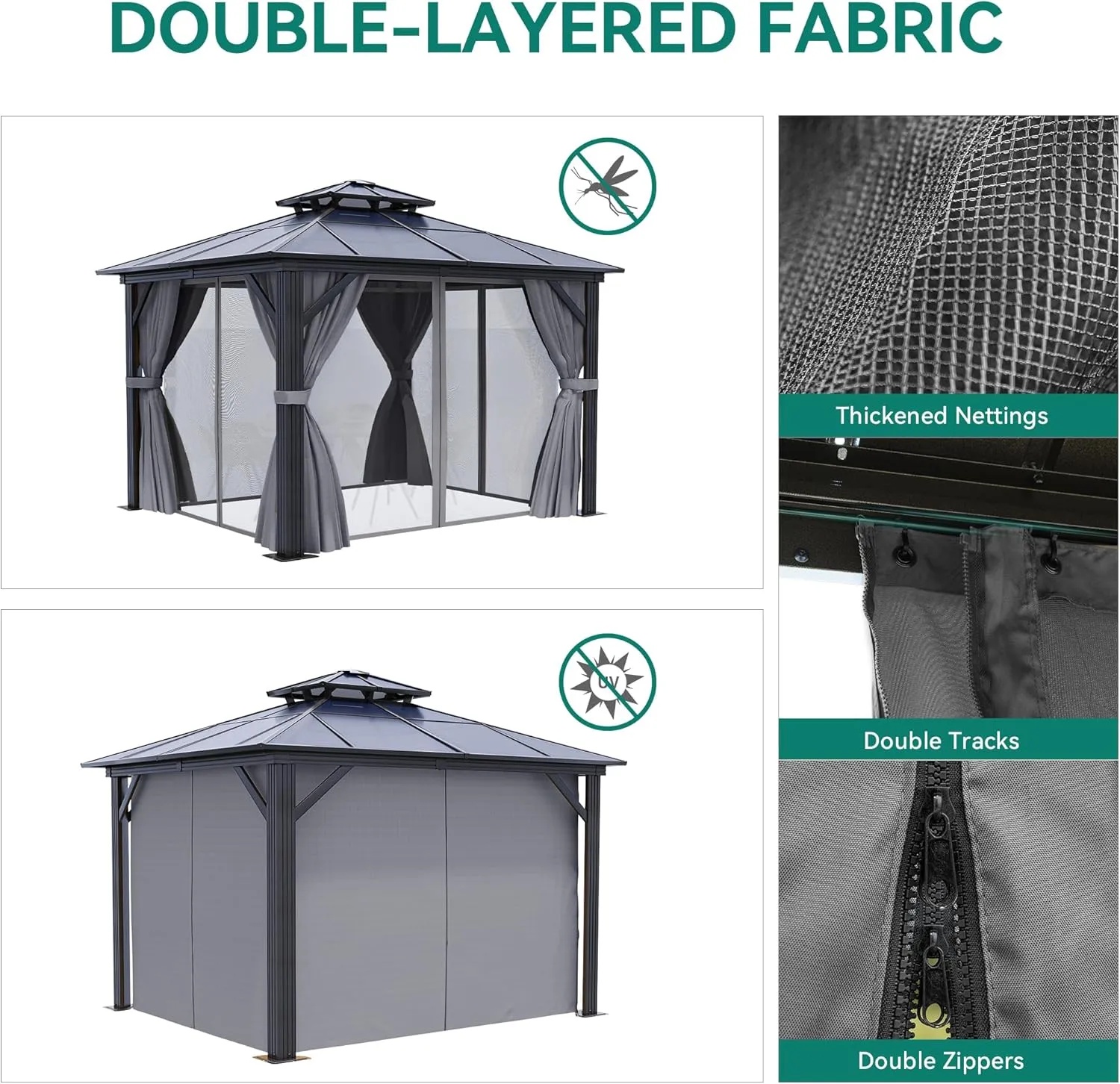 YITAHOME 10X10FT Polycarbonate Hardtop Gazebo Outdoor Patio Double Top Canopy Galvanized Iron Aluminum Column Garden Tent Curtains Netting for Backyards Decks Lawns,Gray