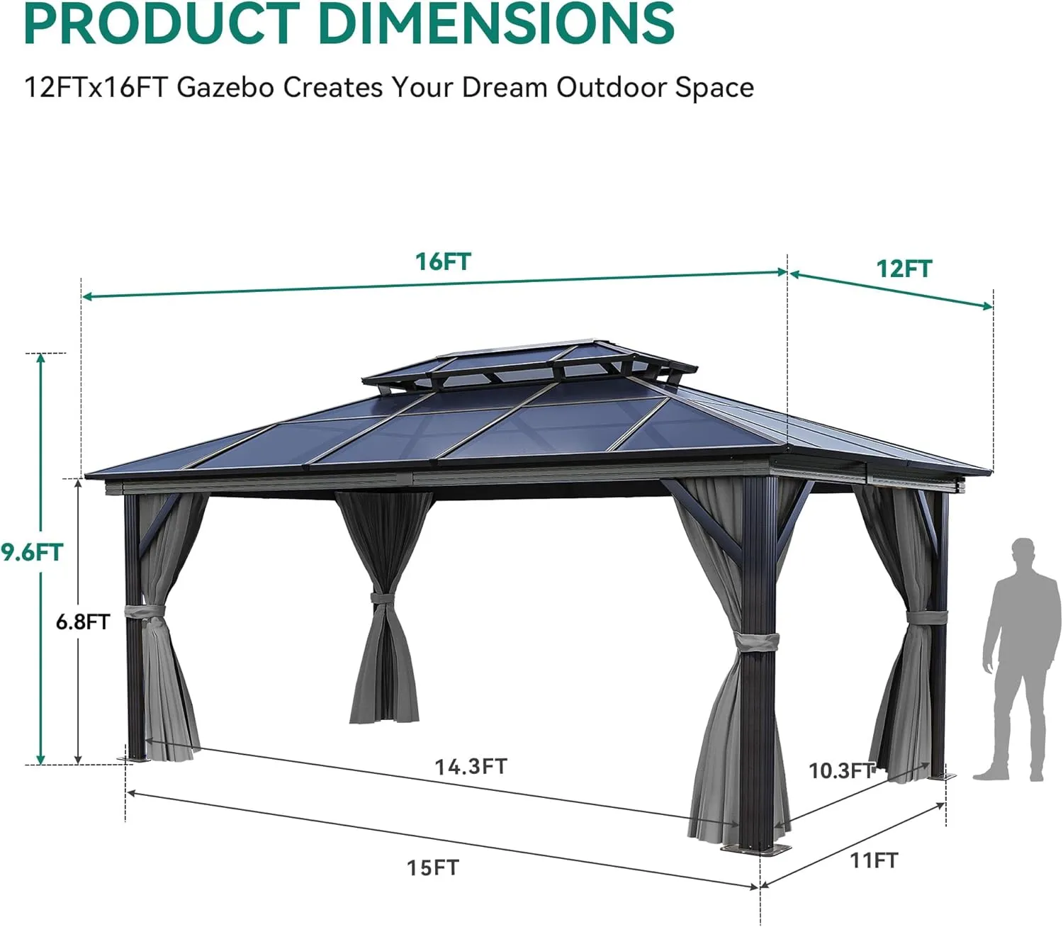 YITAHOME 12x16FT Gazebo Hard-Top Double Roof Canopy Outdoor with Netting and Shaded Curtains, Aluminum Frame Polycarbonate Hardtop Garden Tent for Patio, Backyard, Deck and Lawns, Grey