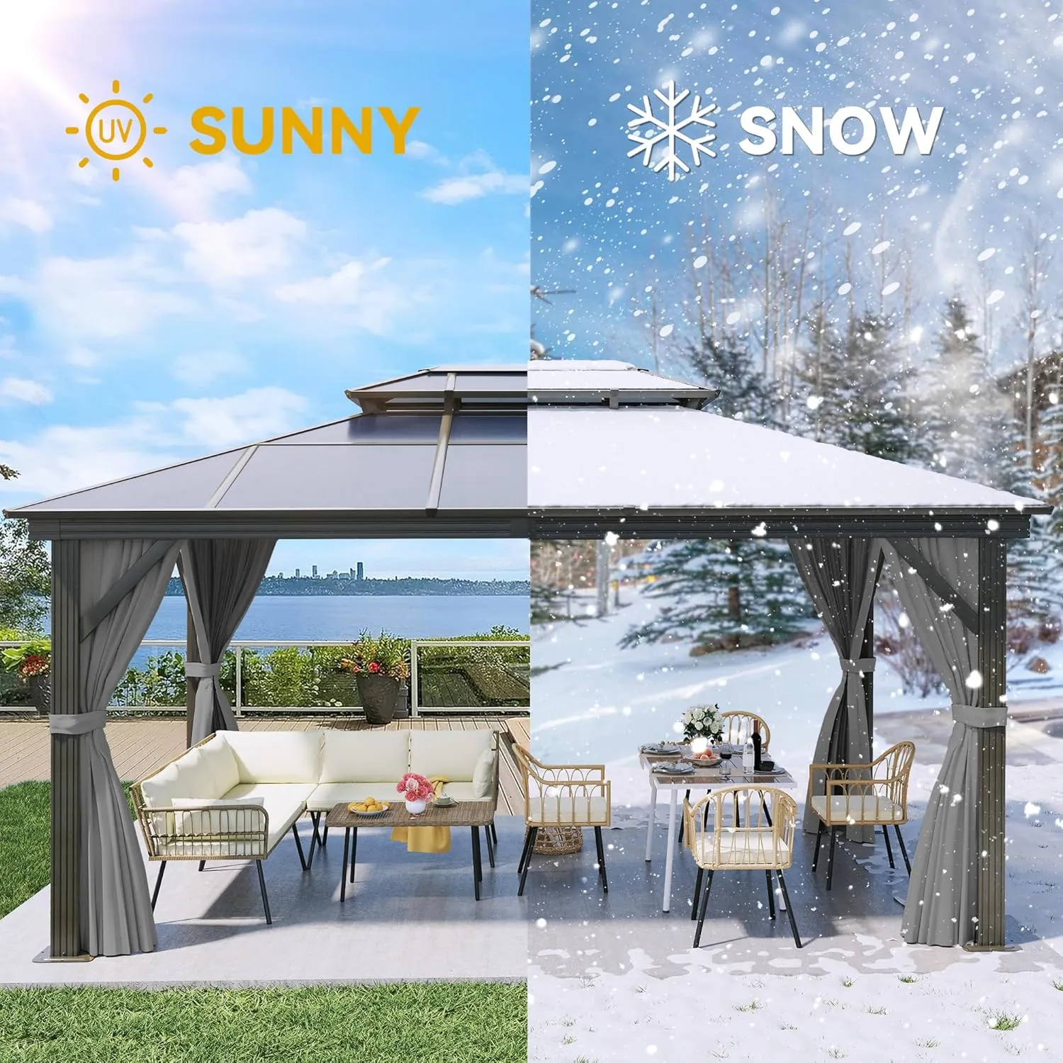 YITAHOME 12x16FT Gazebo Hard-Top Double Roof Canopy Outdoor with Netting and Shaded Curtains, Aluminum Frame Polycarbonate Hardtop Garden Tent for Patio, Backyard, Deck and Lawns, Grey