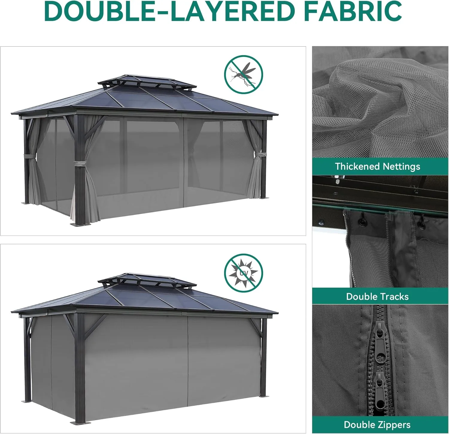 YITAHOME 12x16FT Gazebo Hard-Top Double Roof Canopy Outdoor with Netting and Shaded Curtains, Aluminum Frame Polycarbonate Hardtop Garden Tent for Patio, Backyard, Deck and Lawns, Grey